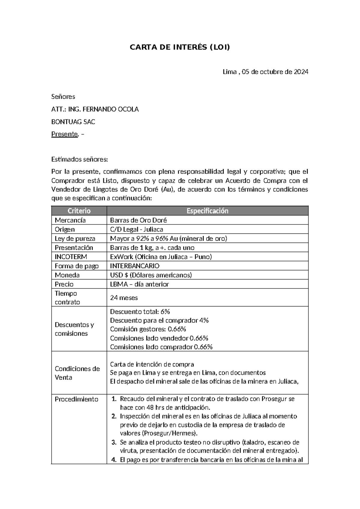 Carta DE InteréS (LOI) - CARTA DE INTERÉS (LOI) Lima , 05 de octubre de ...