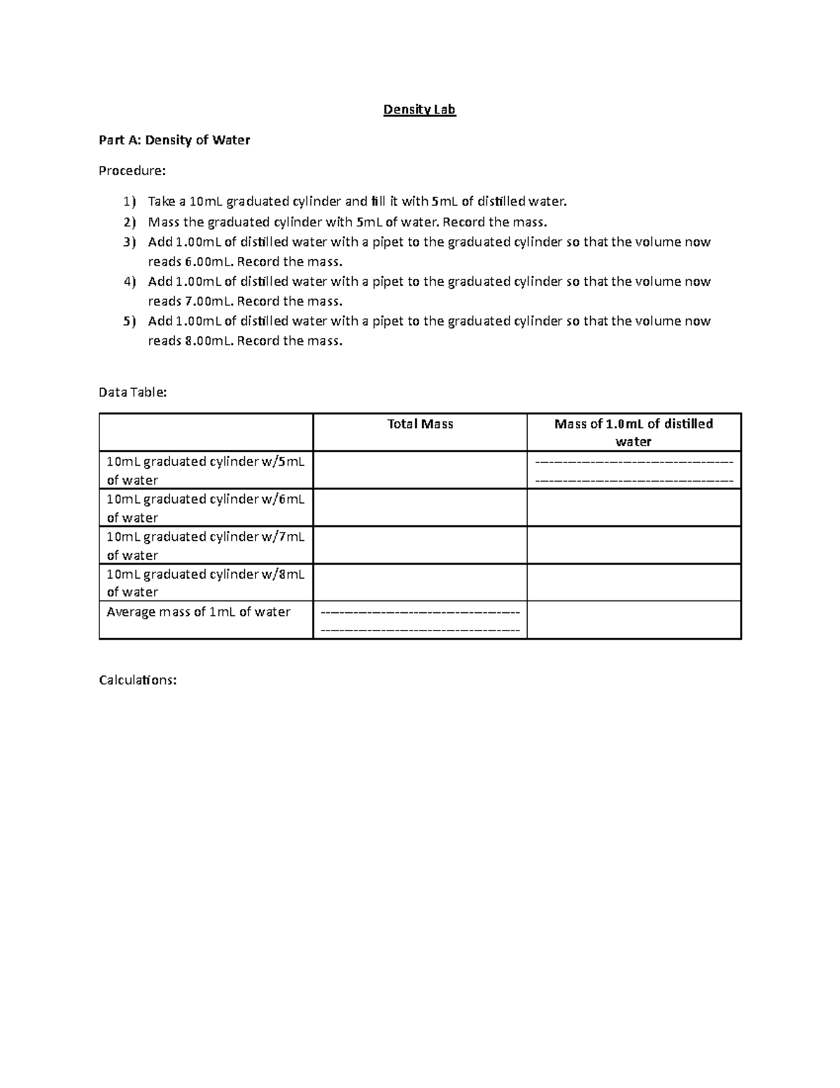 Density Lab - I’m - Density Lab Part A: Density of Water Procedure ...