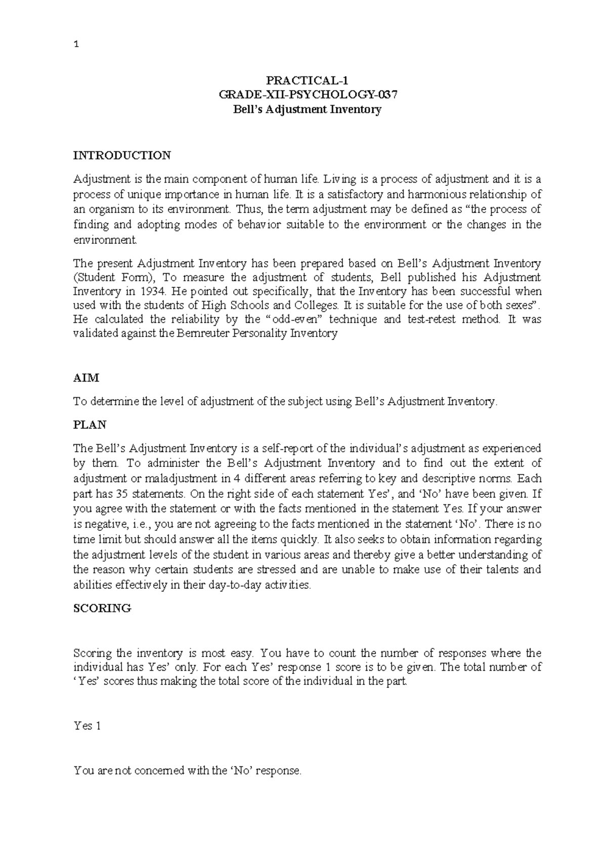 Bell’s Adjustment Inventory- Practical-1 - 1 PRACTICAL- GRADE-XII ...