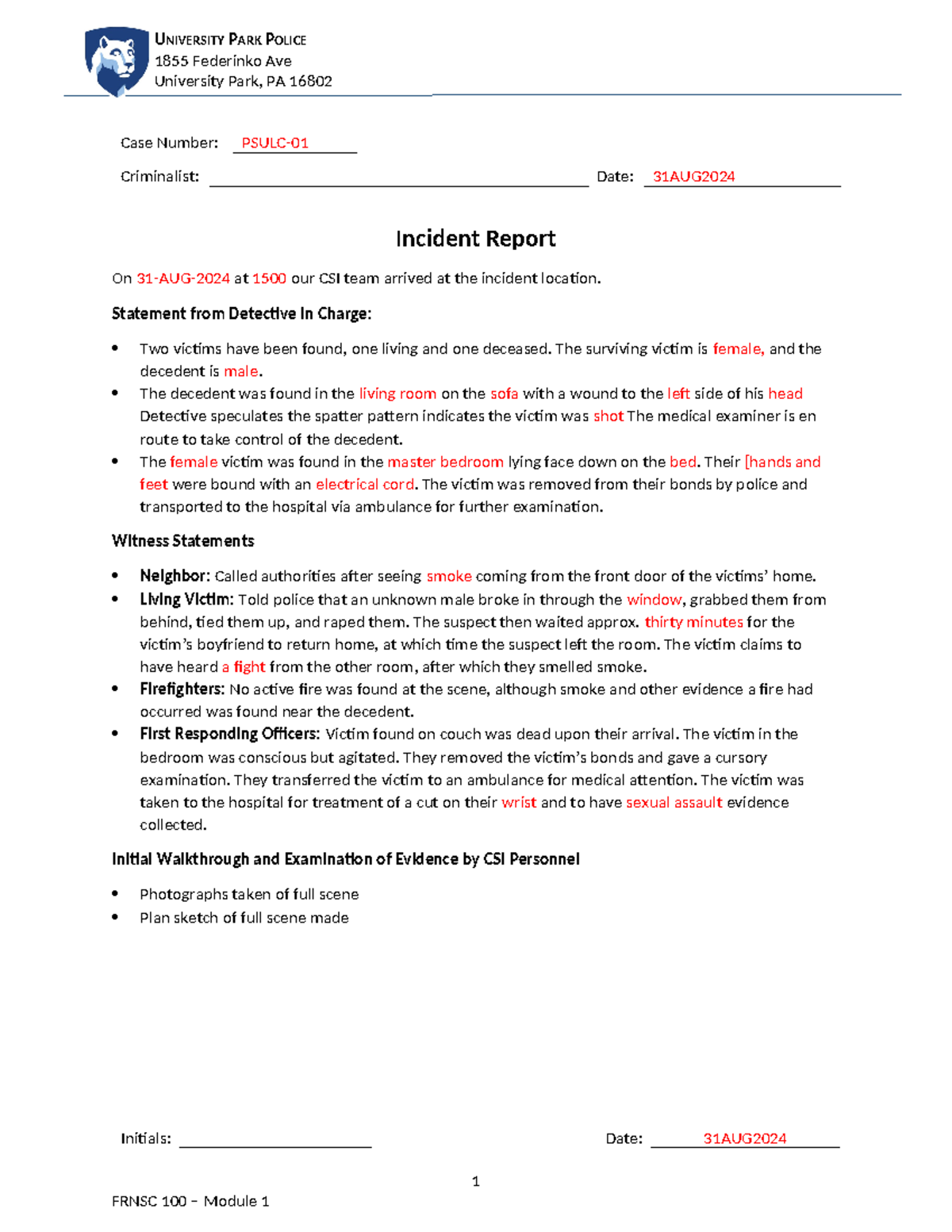 Case Notes 1 UNIVERSITY PARK POLICE 1855 Federinko Ave University