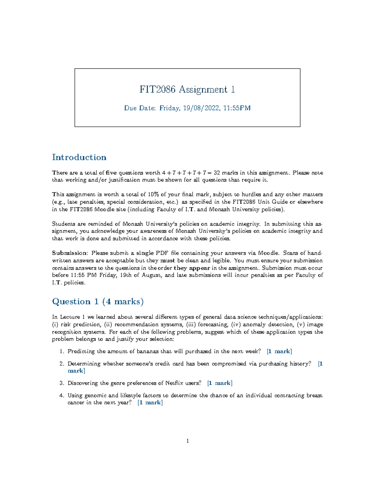 Assignment 1 (2022) v1 FIT2086 Assignment 1 Due Date Friday, 19/08