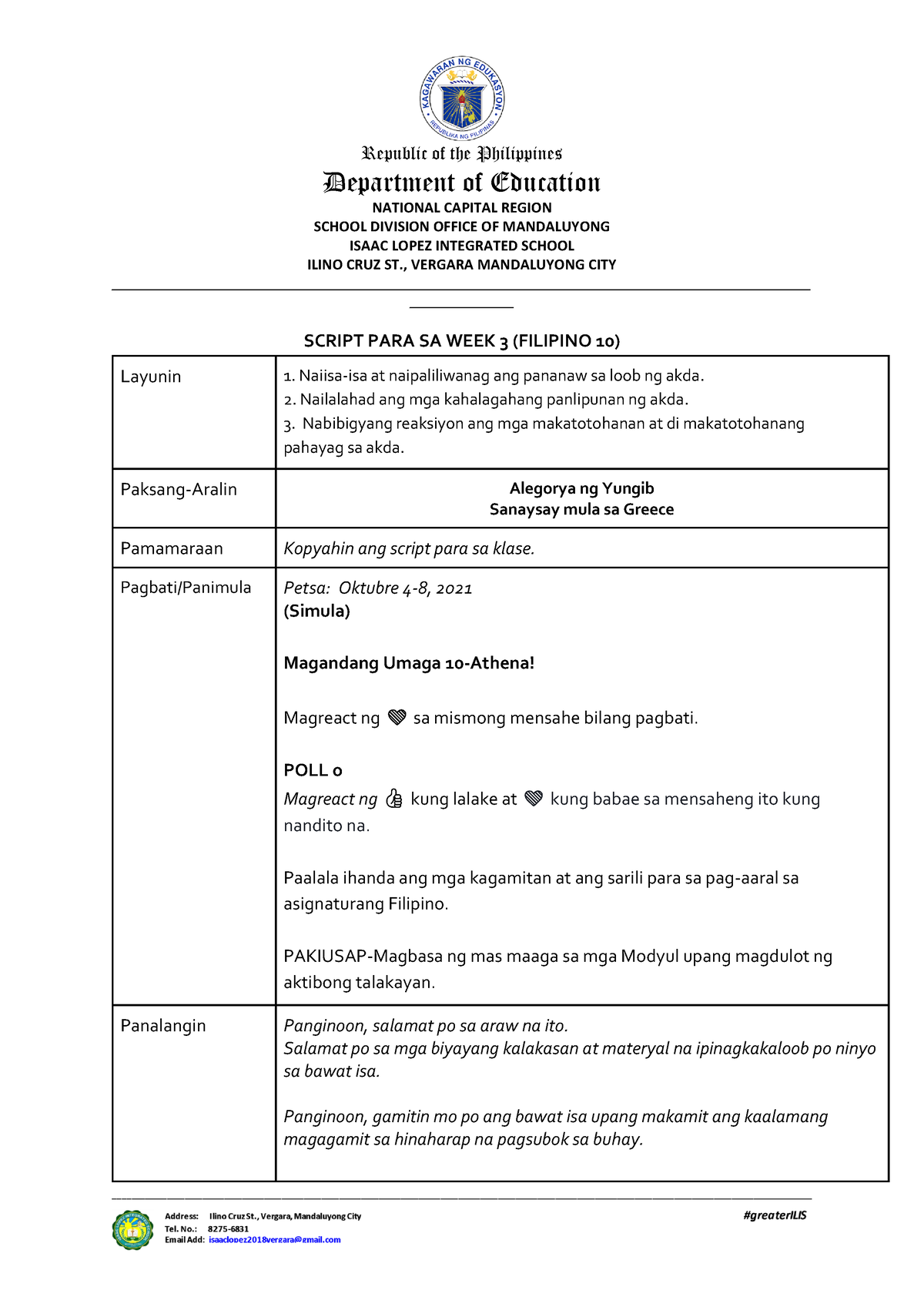 Script FOR Online Class FIL10 M3- Alegorya NG Yungib-D1 - Republic Of ...