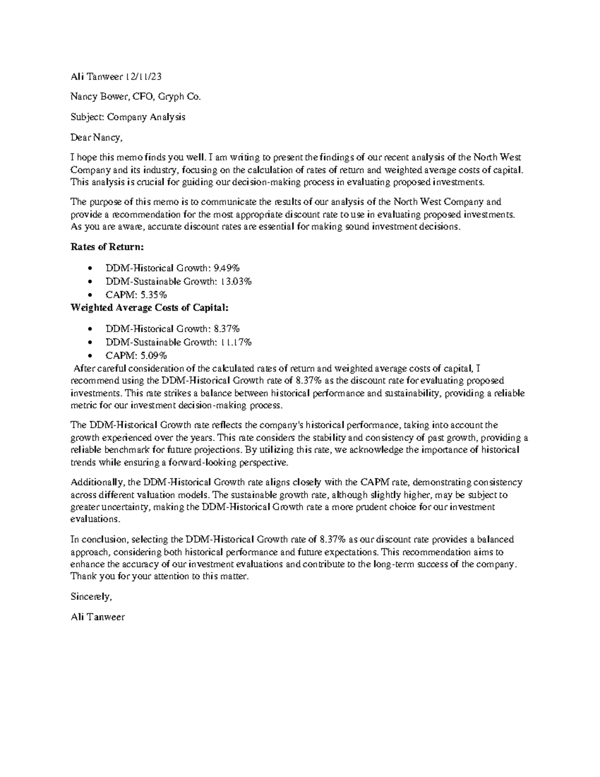 FIN2000 Company Analysis Memo - Ali Tanweer 12/11/ Nancy Bower, CFO ...