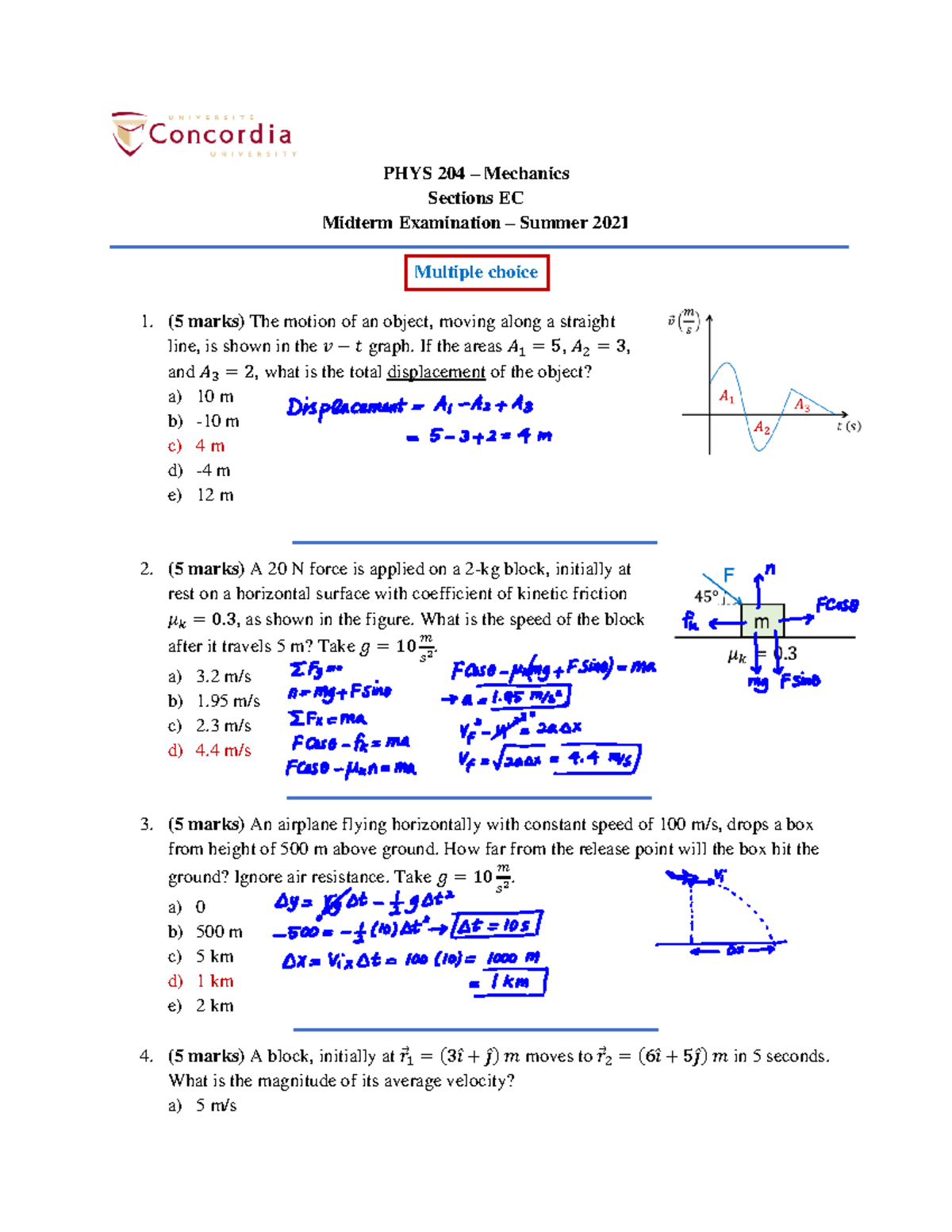 2021 Summer Midterm And Solutions - PHYS 204 – Mechanics Sections EC ...