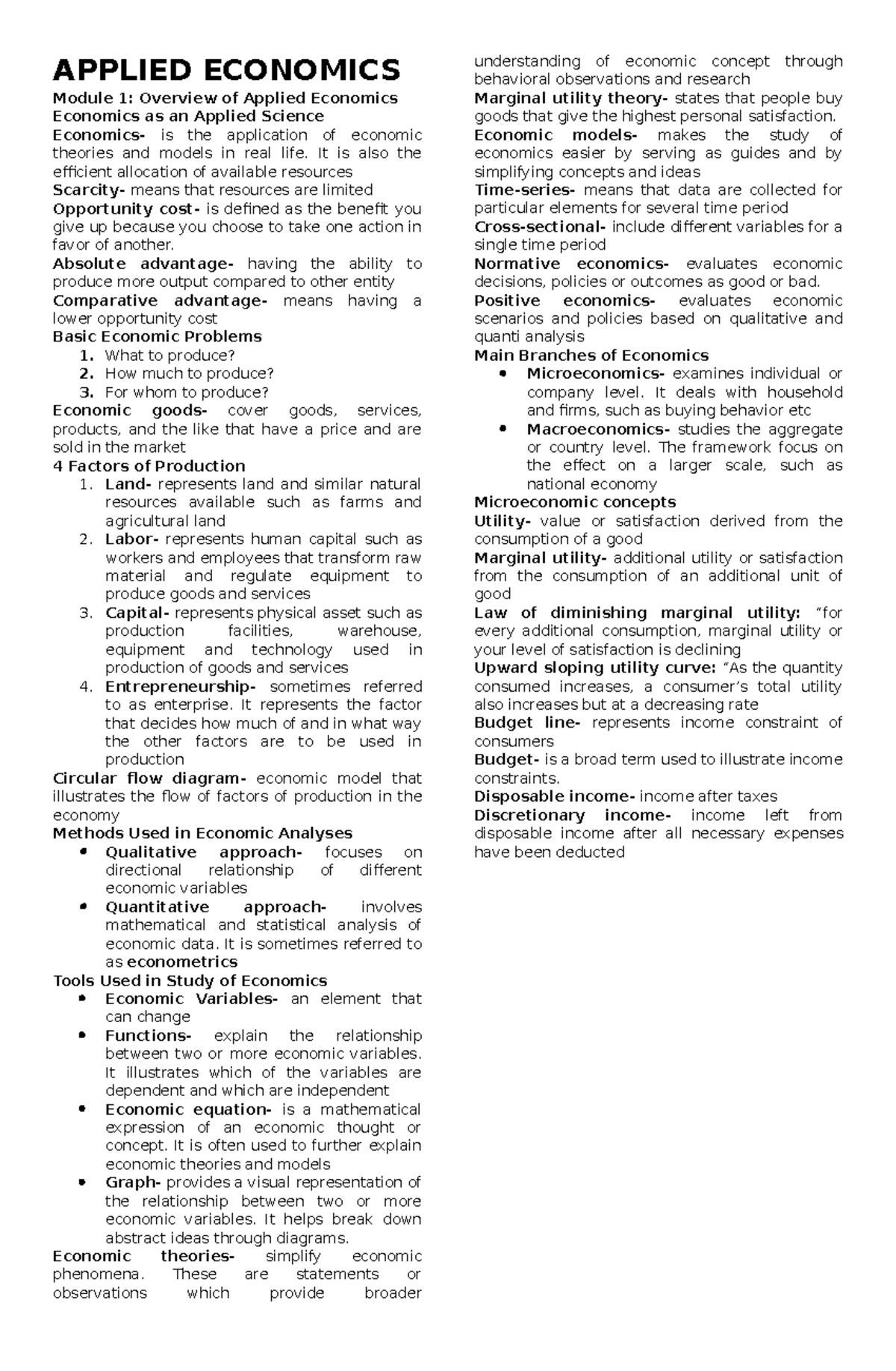 Applied- Economics - APPLIED ECONOMICS Module 1: Overview of Applied ...