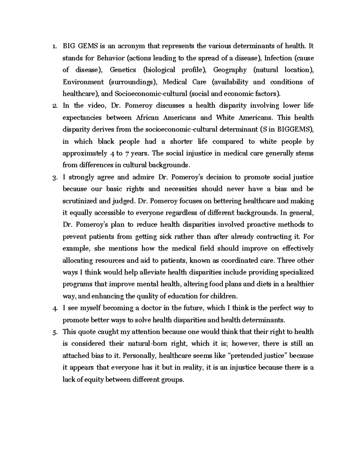 M2 Discussion BIG GEMS is an acronym that represents the various