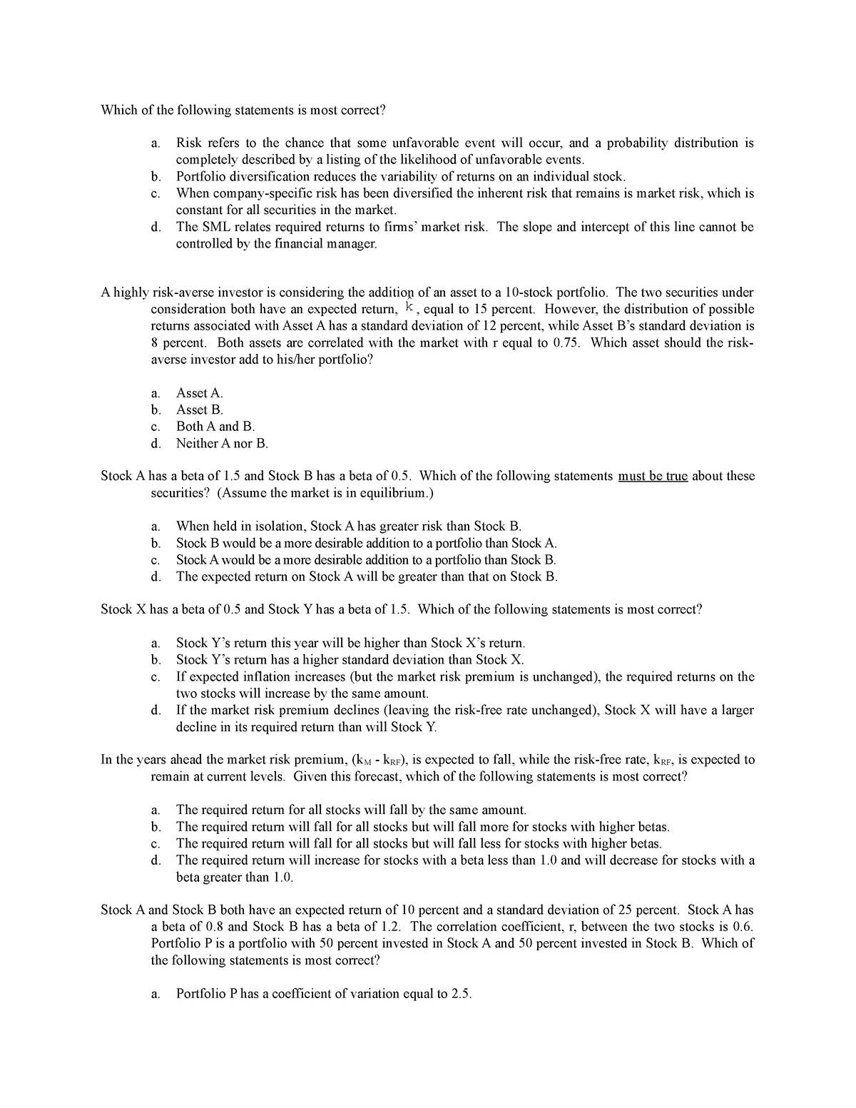 Risk and return practice - Which of the following statements is most ...