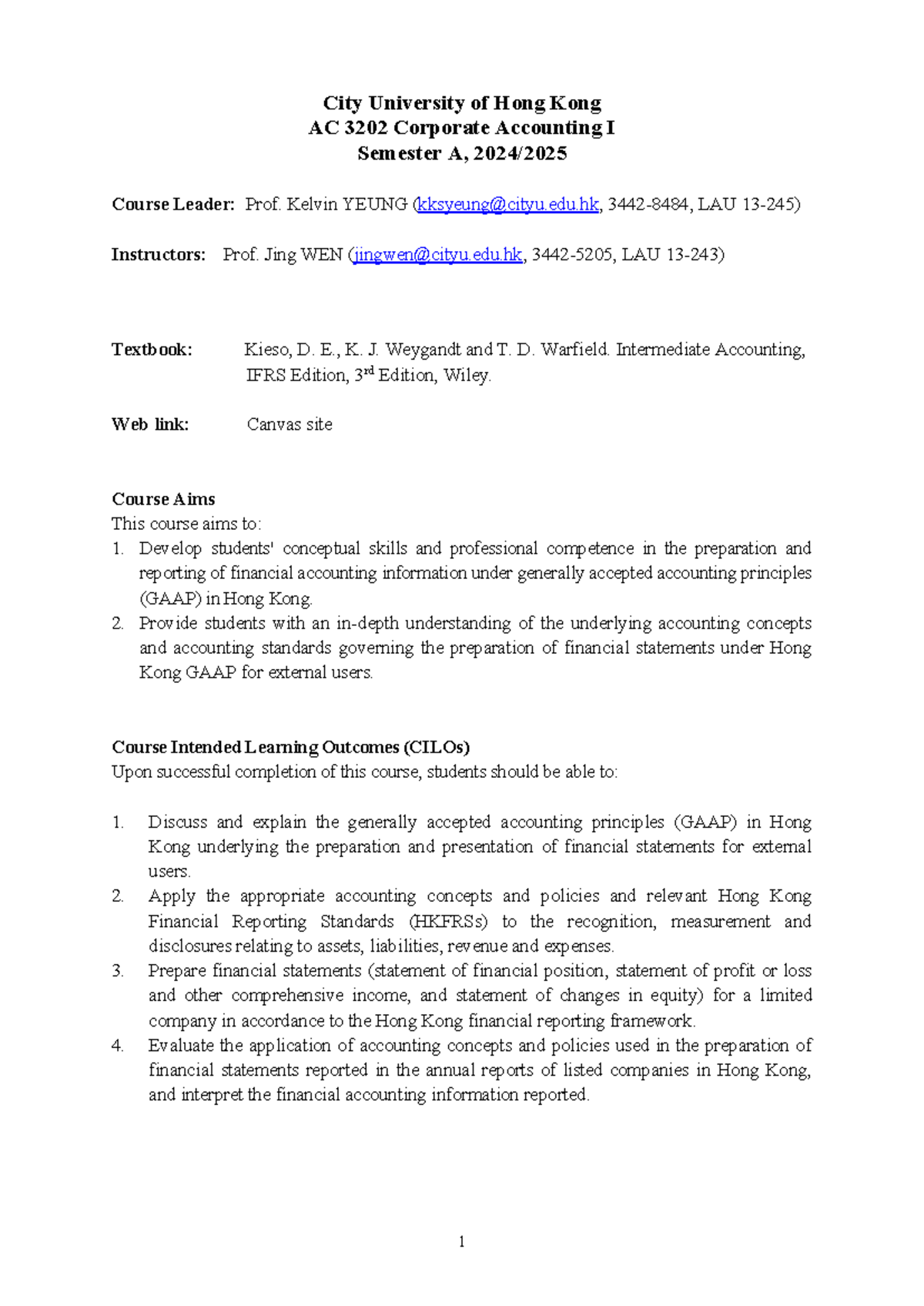 Syllabus - City University of Hong Kong AC 3202 Corporate Accounting I ...