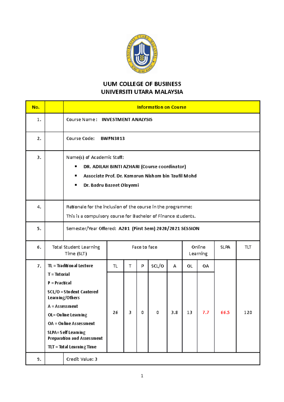 Investment syllabus - UUM COLLEGE OF BUSINESS UNIVERSITI UTARA MALAYSIA ...