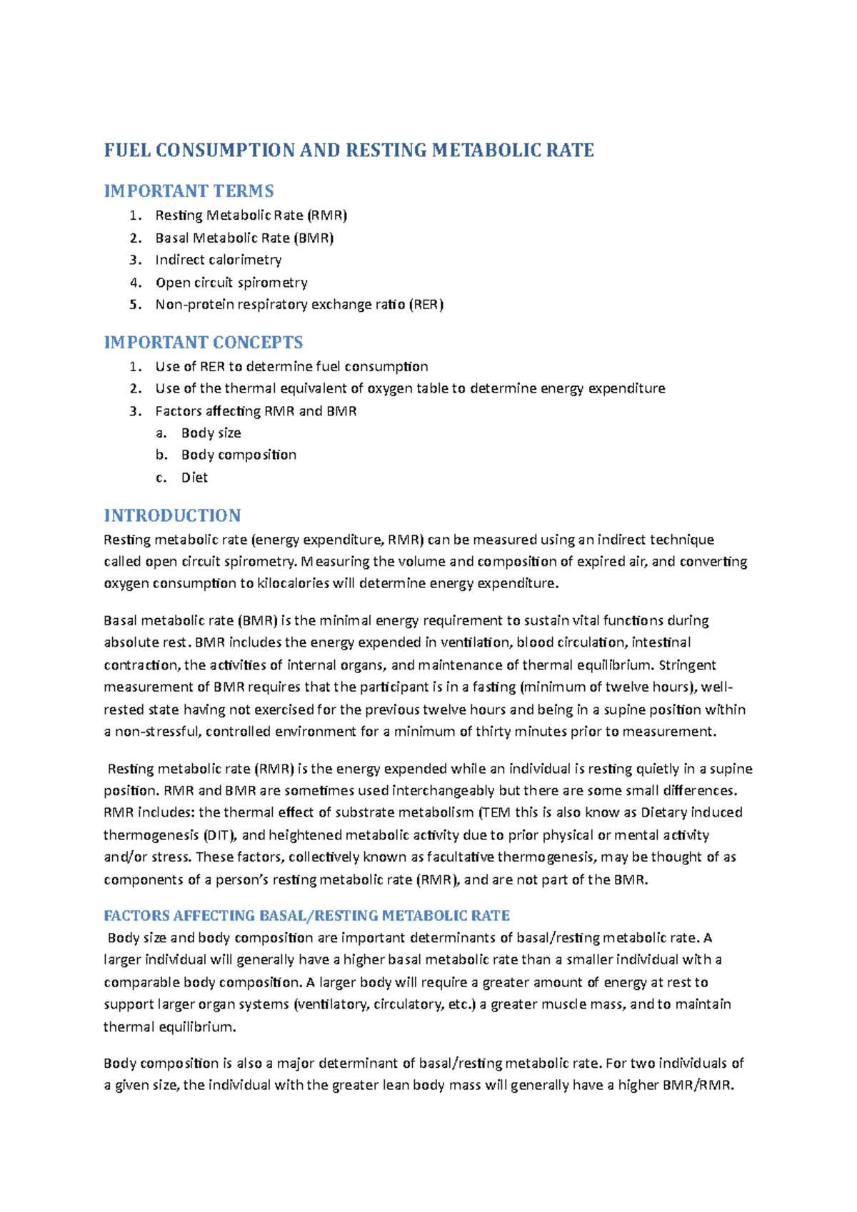 Seminar background reading RMR and oxygen - FUEL CONSUMPTION AND ...
