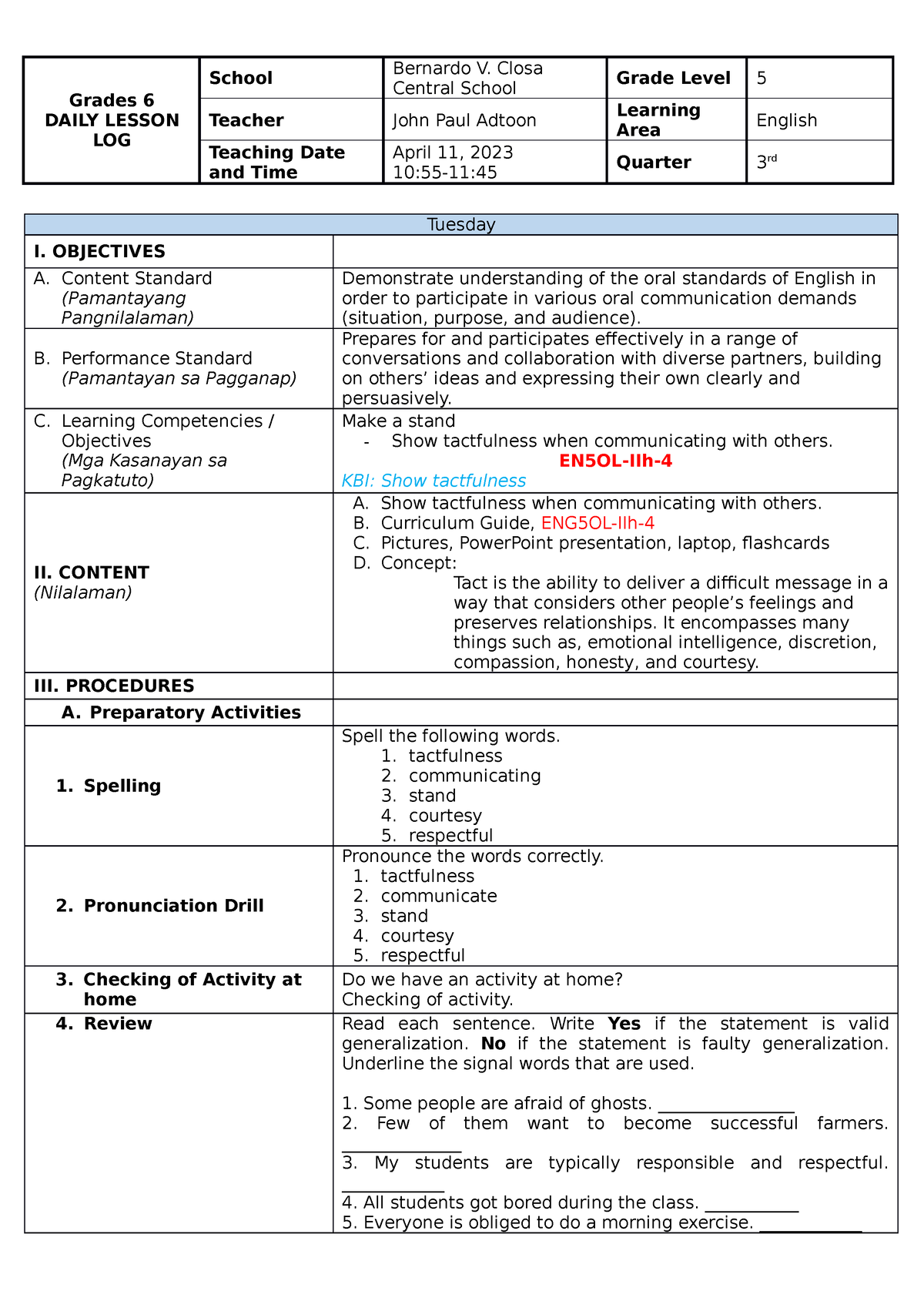 ENG5 SHOW Tactfulness - lesson plan - Grades 6 DAILY LESSON LOG School ...