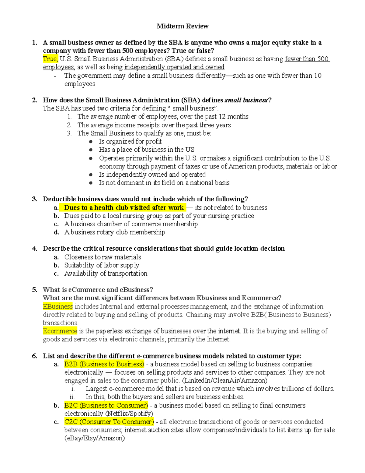 Midterm Review - Midterm Review A small business owner as defined by ...