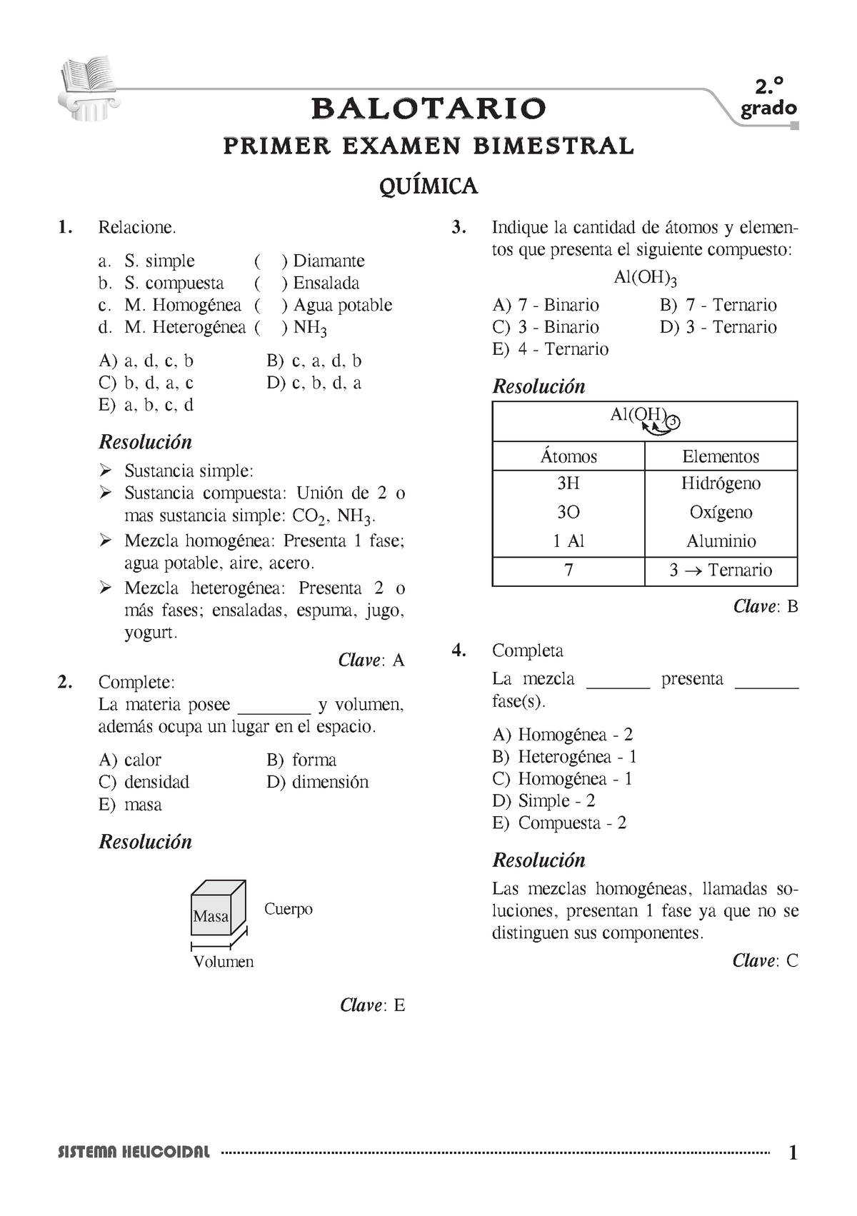 Qu Mica - I Bal BIM 2 A O - BALOTARIO DE QUÍMICA - 2 BALOTARIO Grado ...