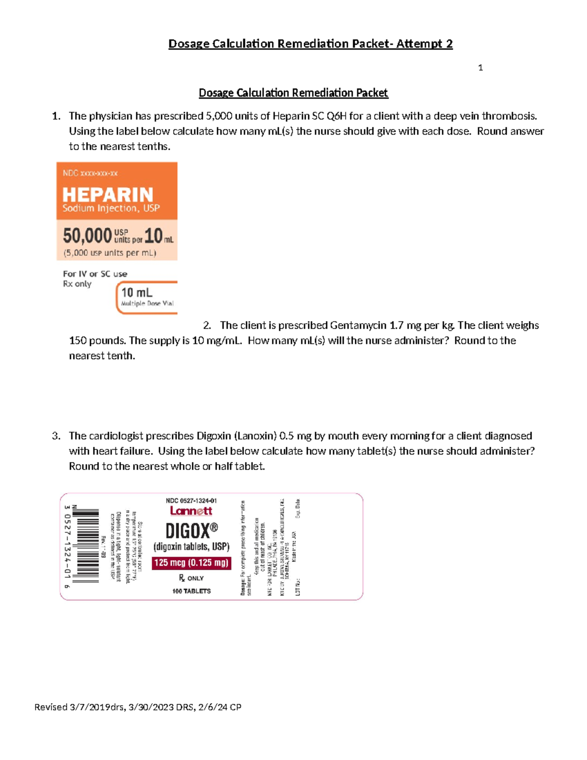 Dosage Calculation Remediation Packet for Attempt 2 - 1 Dosage ...