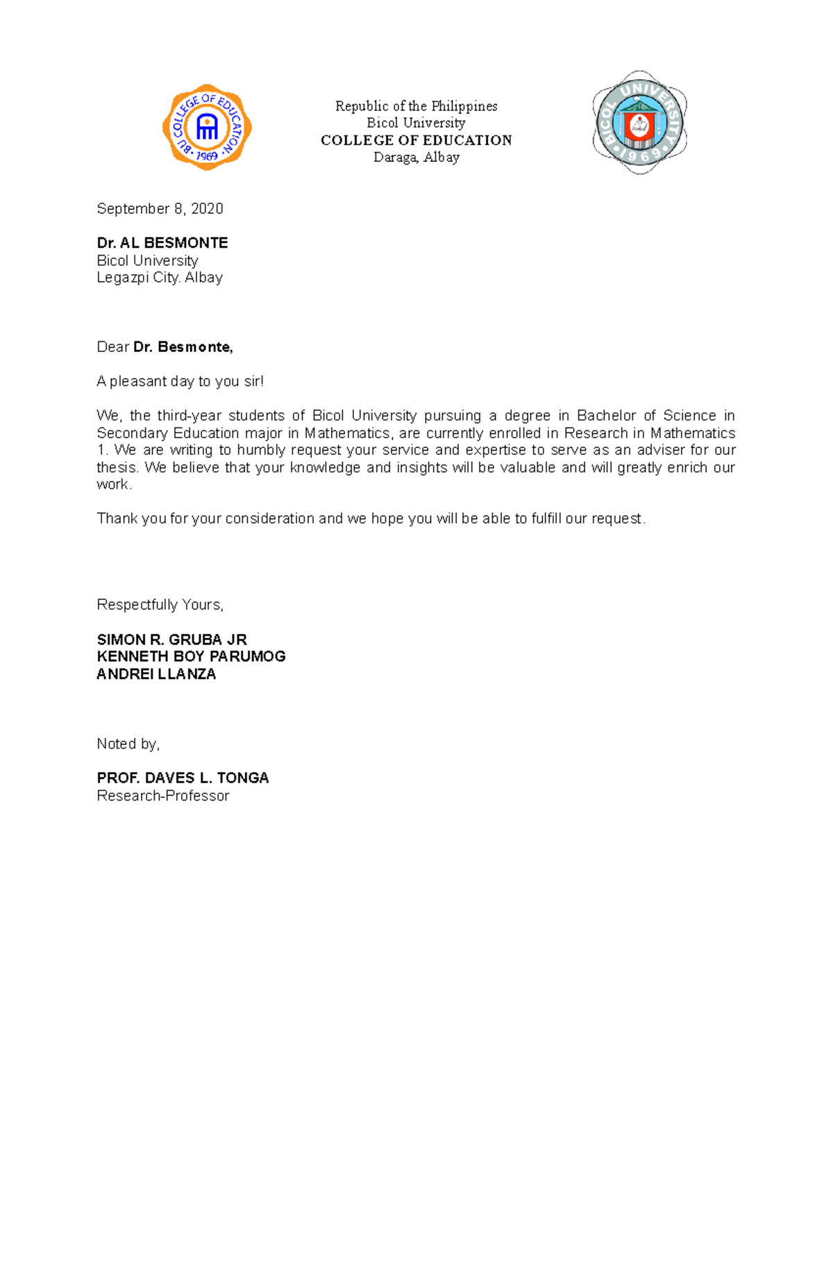 Letter of Request - n/a - Republic of the Philippines Bicol University ...