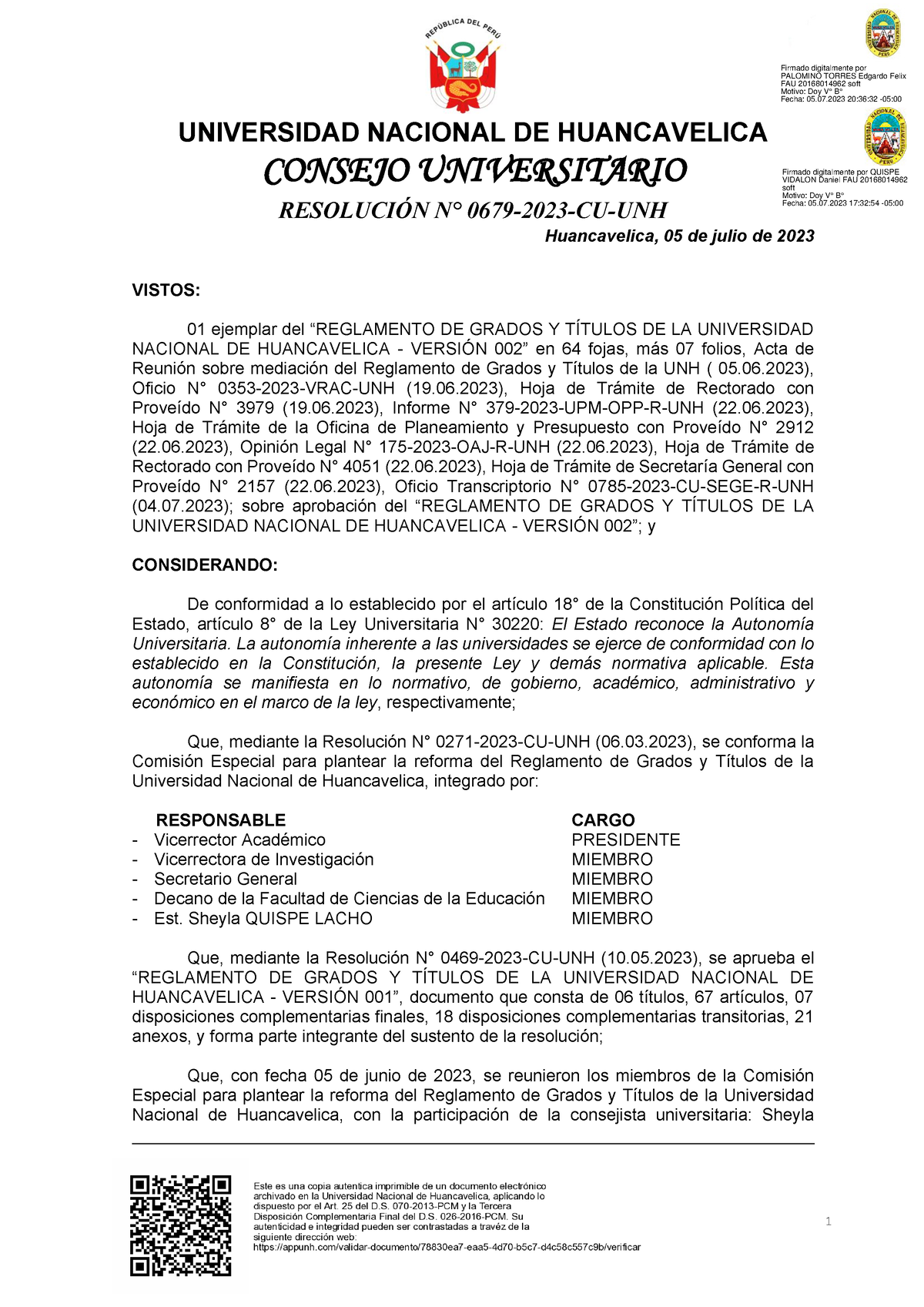 2135- Resolución N° 679-2023-CU-UNH- Aprobación Reglamento Grados Y ...