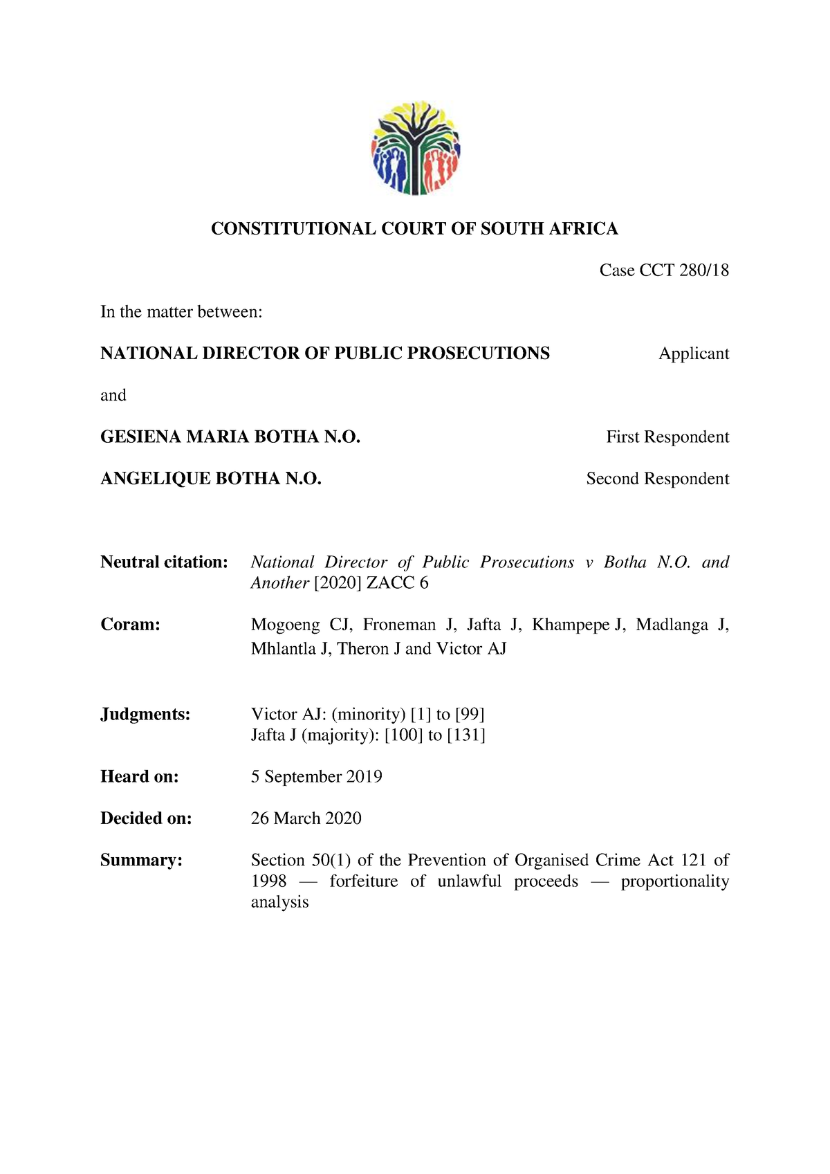 National Director Of Public Prosecutions V Botha N.O. And Another [2020 ...