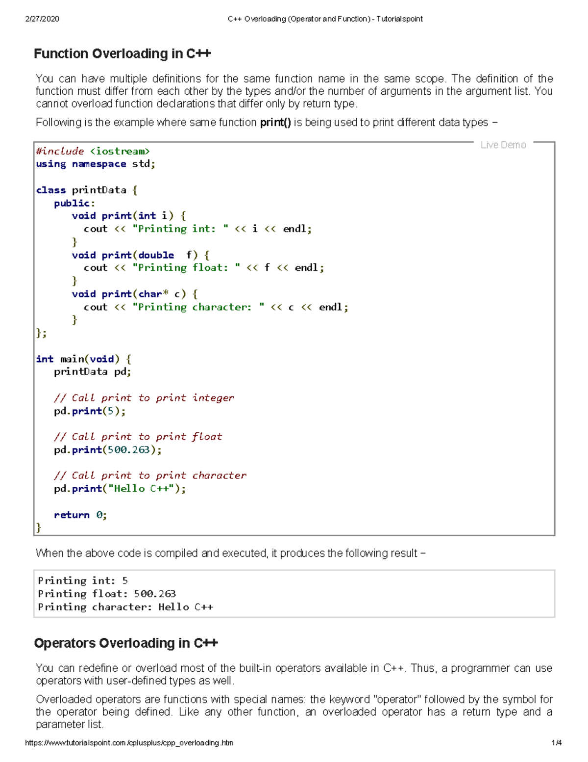 C++ Overloading (Operator and Function) - Tutorialspoint - Function  Overloading in C++ You can have - Studocu