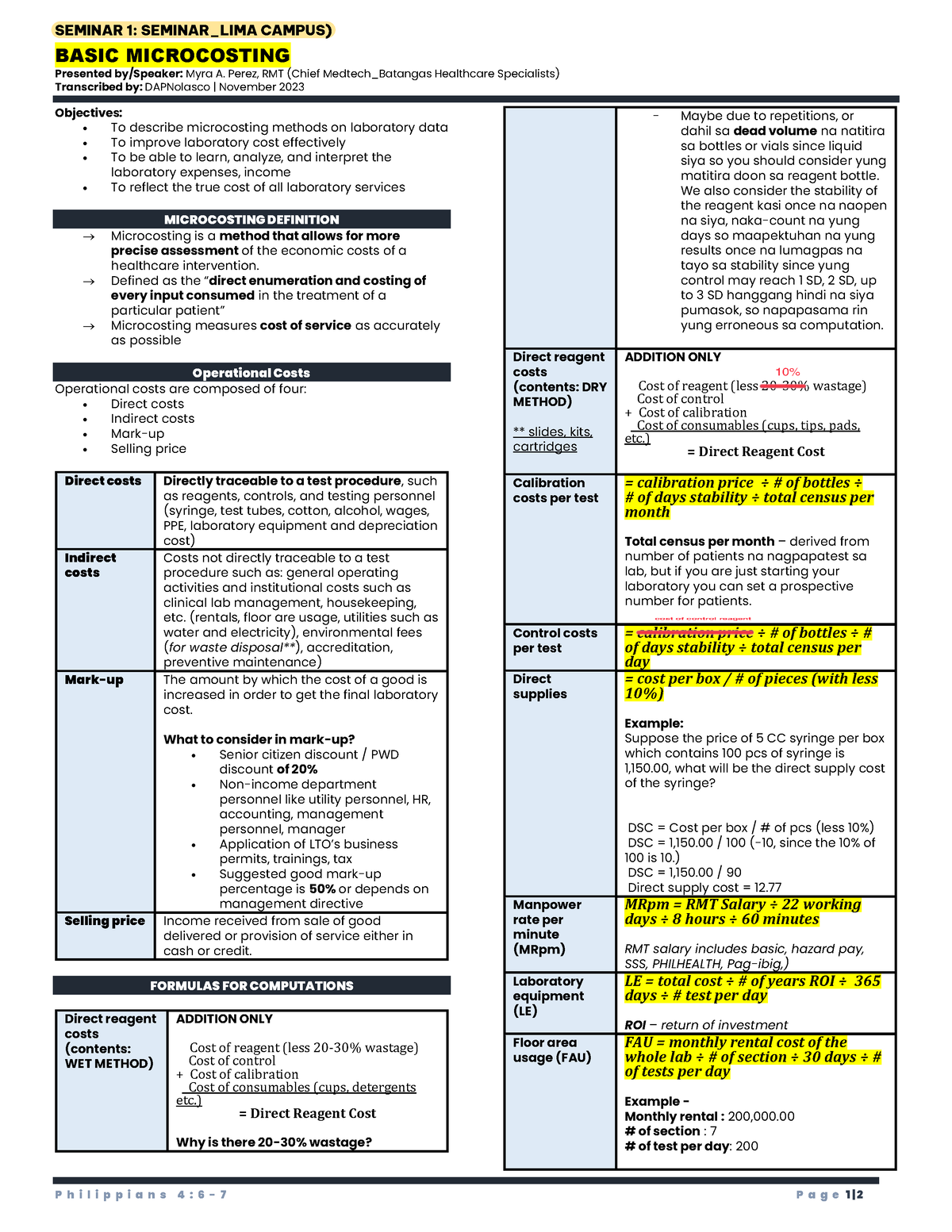 Microcosting in the Clinical Lab - SEMINAR 1: SEMINAR_LIMA CAMPUS ...