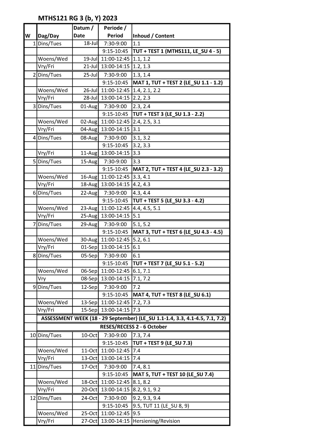 Semester planning - 2023 - MTHS121 RG 3 (b, Y) 2023 W Dag/Day Datum ...