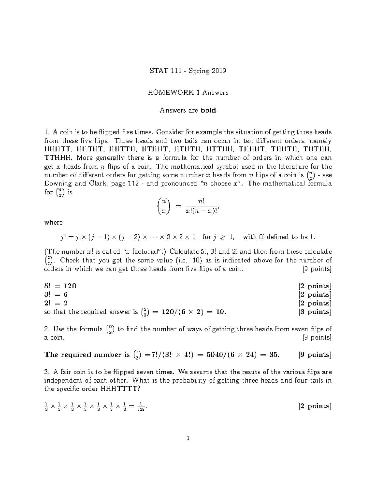 Hwk012019 Springanswerkey - STAT 111 - Spring 2019 HOMEWORK 1 Answers ...