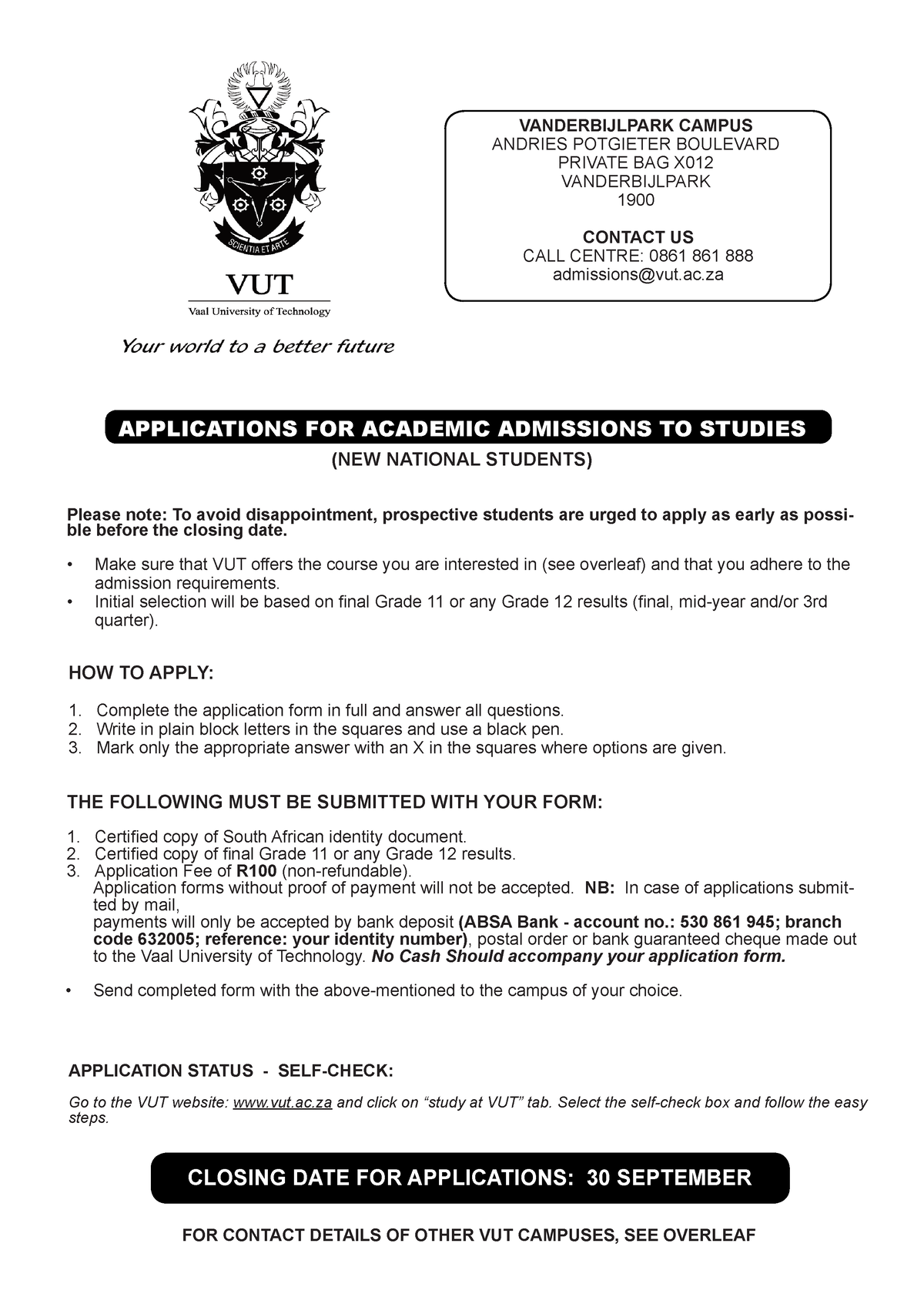 VUT National Applications FORM updated - VANDERBIJLPARK CAMPUS ANDRIES ...