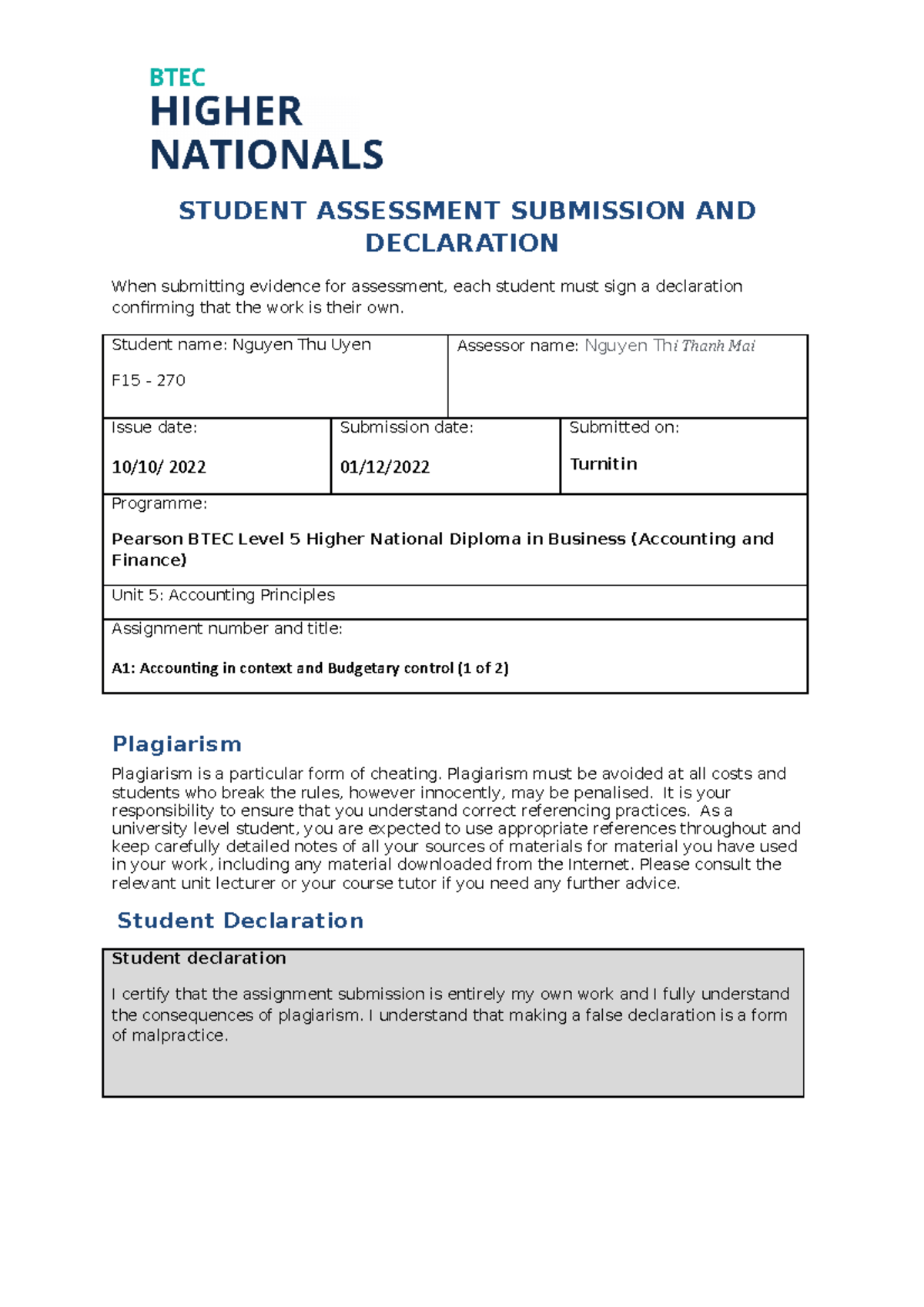 Student Assessment Submission and Declaration-1 - STUDENT ASSESSMENT ...