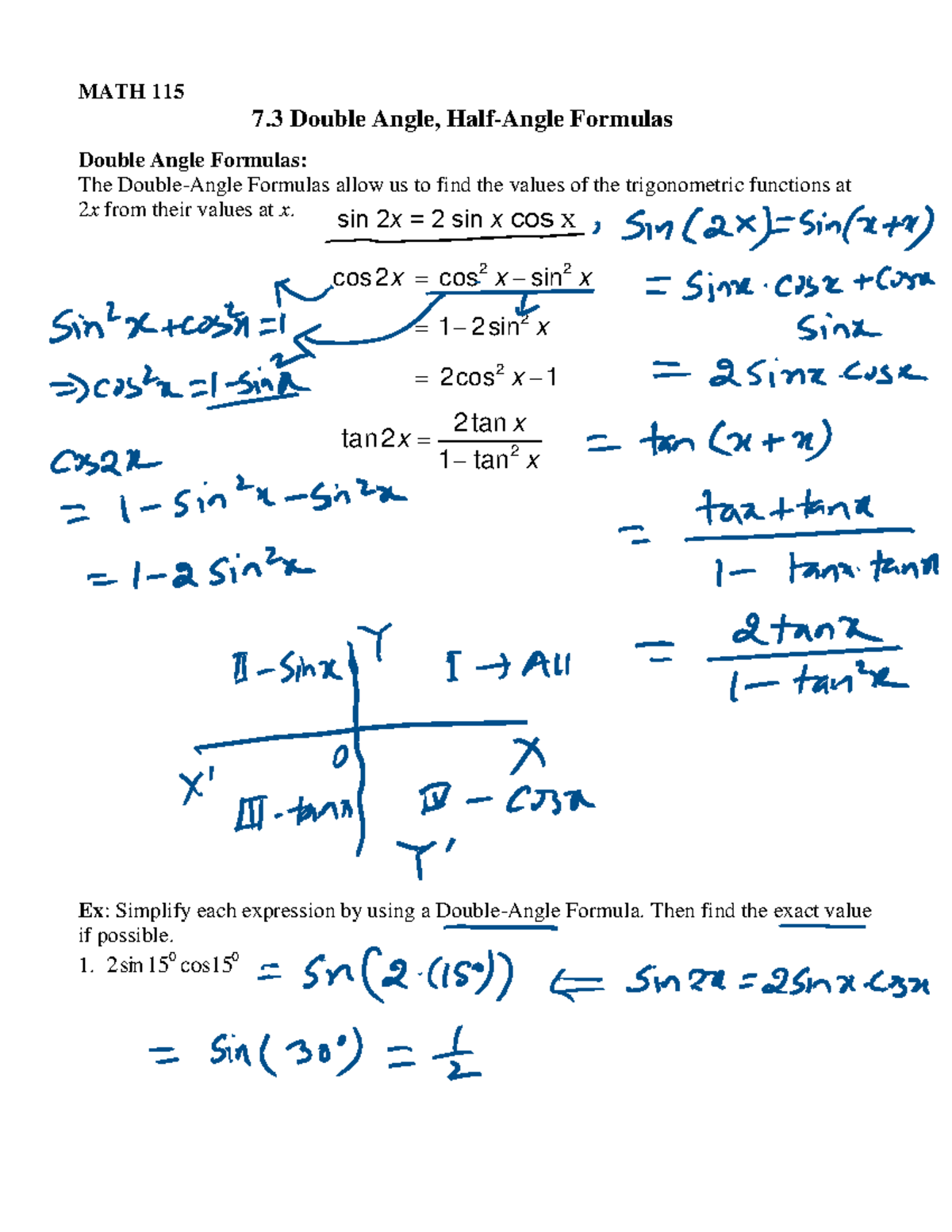 7.3 Double Angle Half Angle Formulas Pdf - MATH 115 7 Double Angle ...