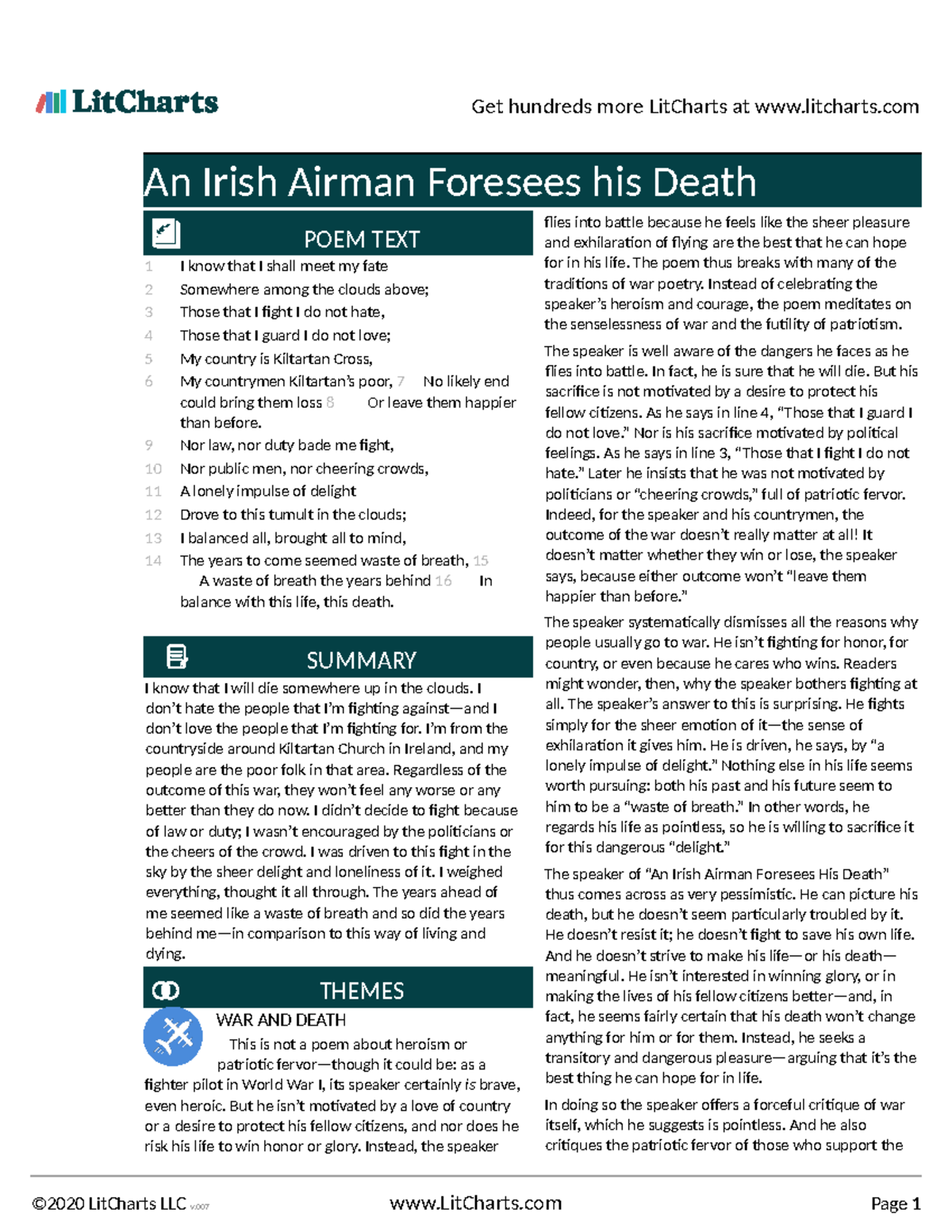 Lit Charts An Irish Airman Foresees His Death - An Irish Airman ...