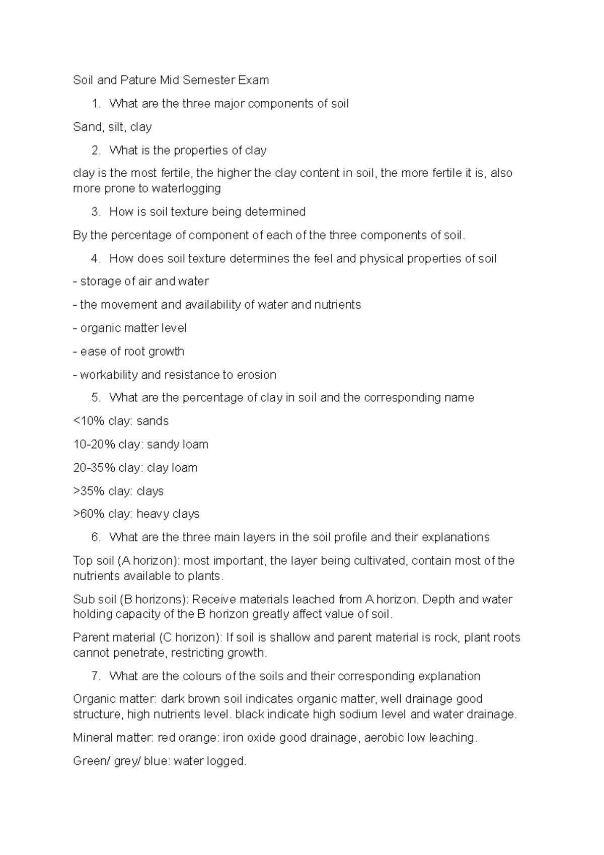 Soil and Pature Mid Semester Exam Practice Questions - Soil and Pature ...