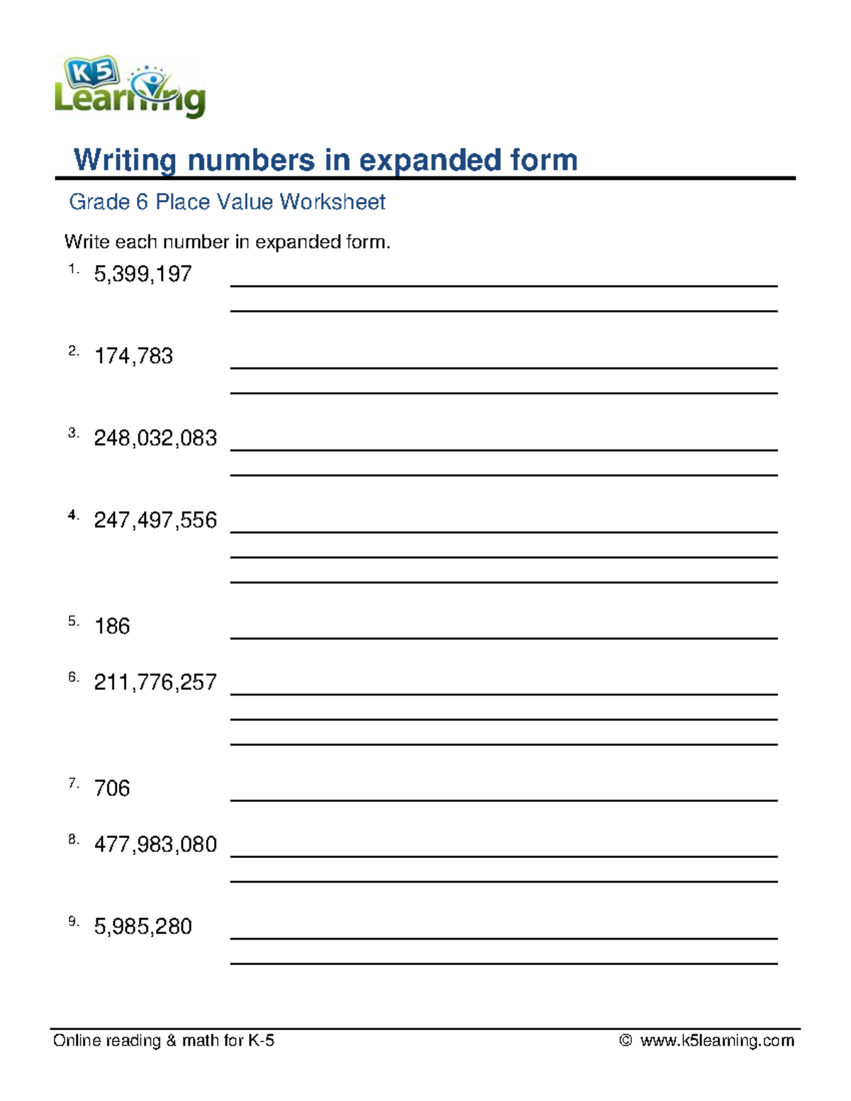 Grade 6 place value expanded form 9 digits e Online reading & math for K5 © k5learning Studocu