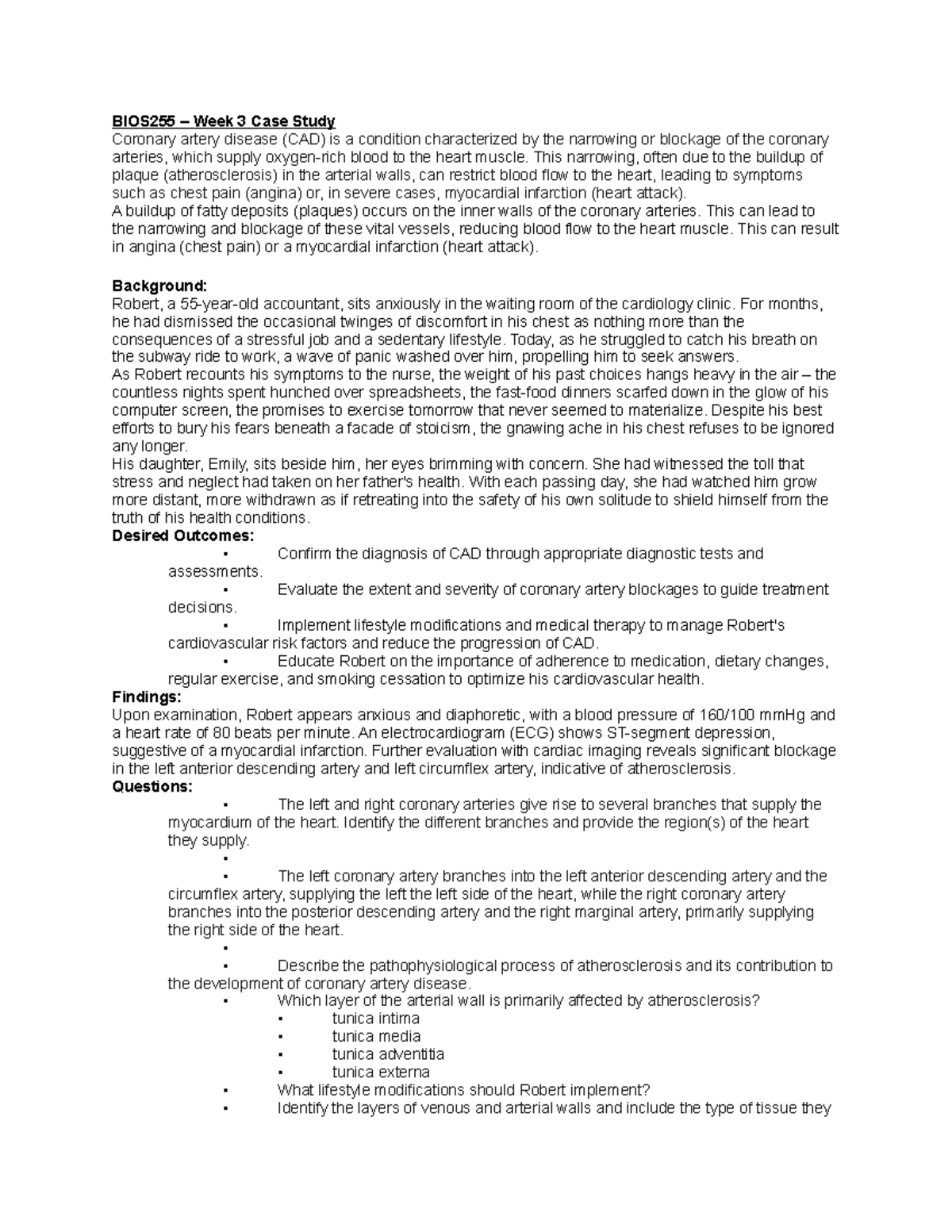 BIOS407 WK3 Case Study - BIOS255 – Week 3 Case Study Coronary artery ...