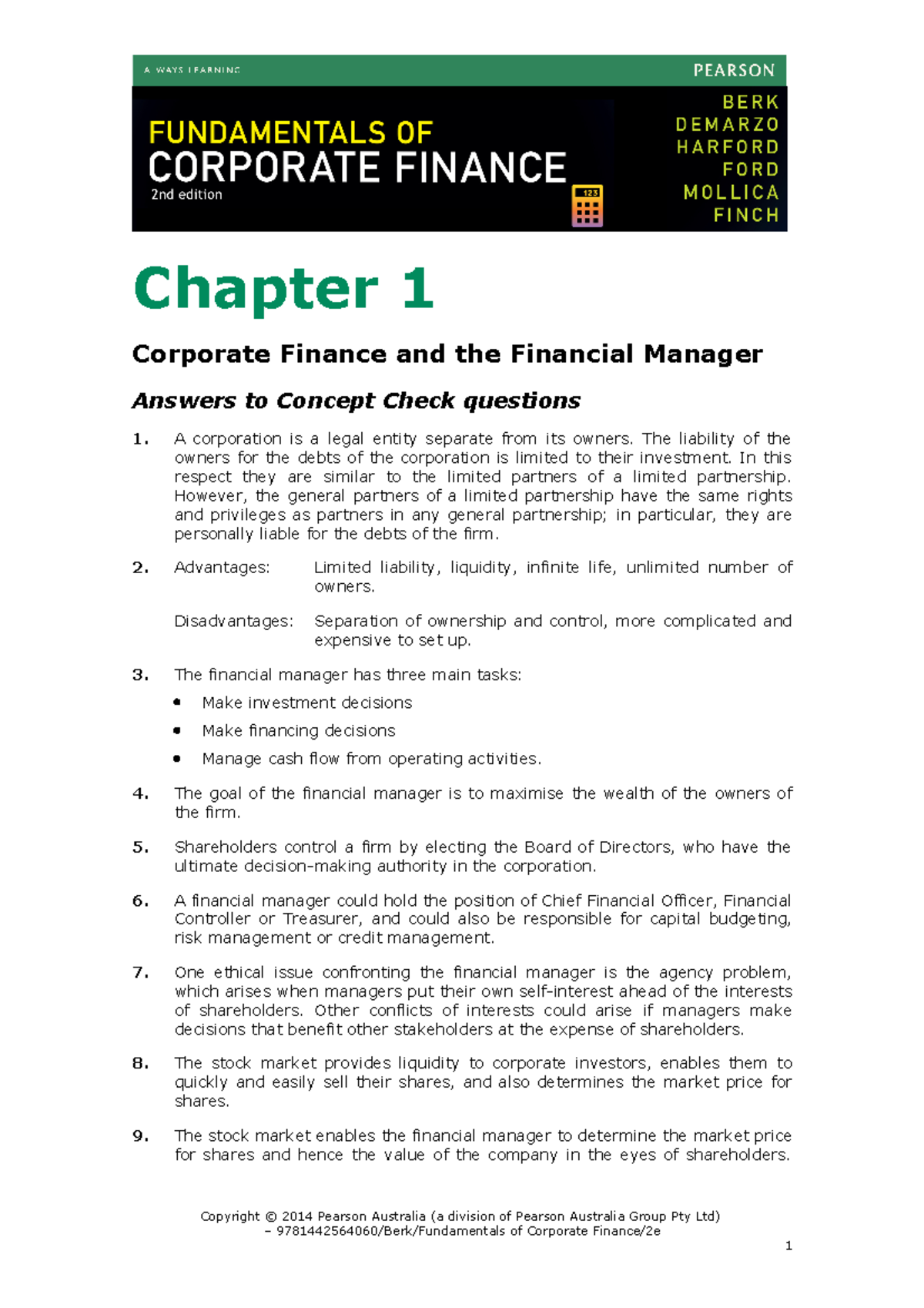 CF Tutorial 1 - Answer - Chapter 1 Corporate Finance And The Financial ...