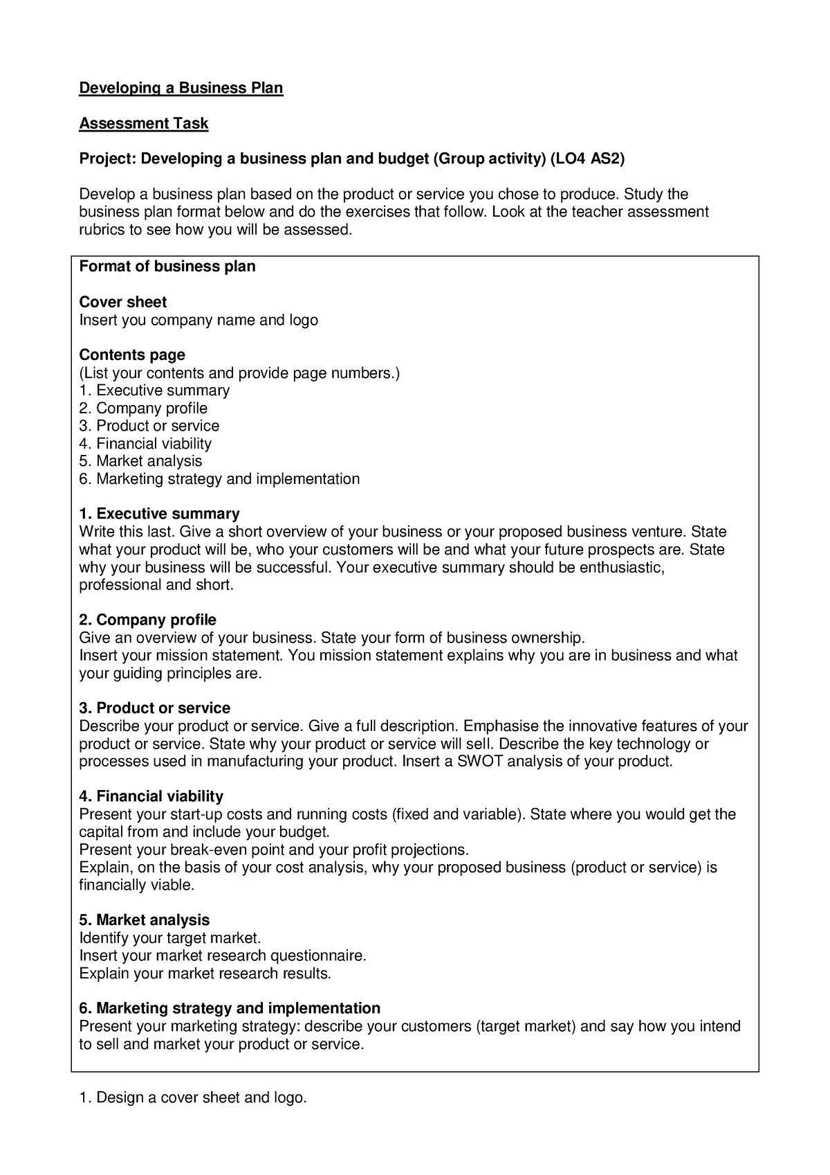 business plan assessment grade 9