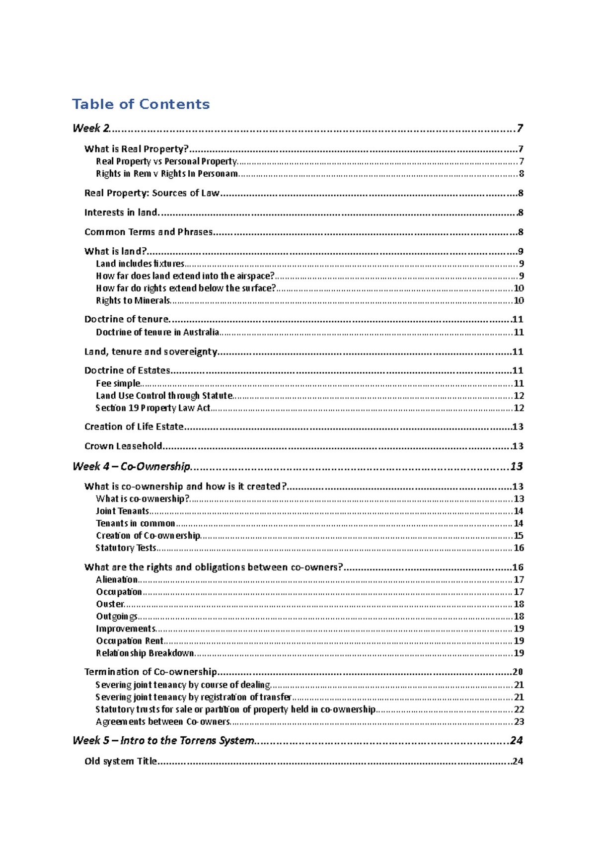 Real Property Exam Notes - Table of Contents Week - Studocu