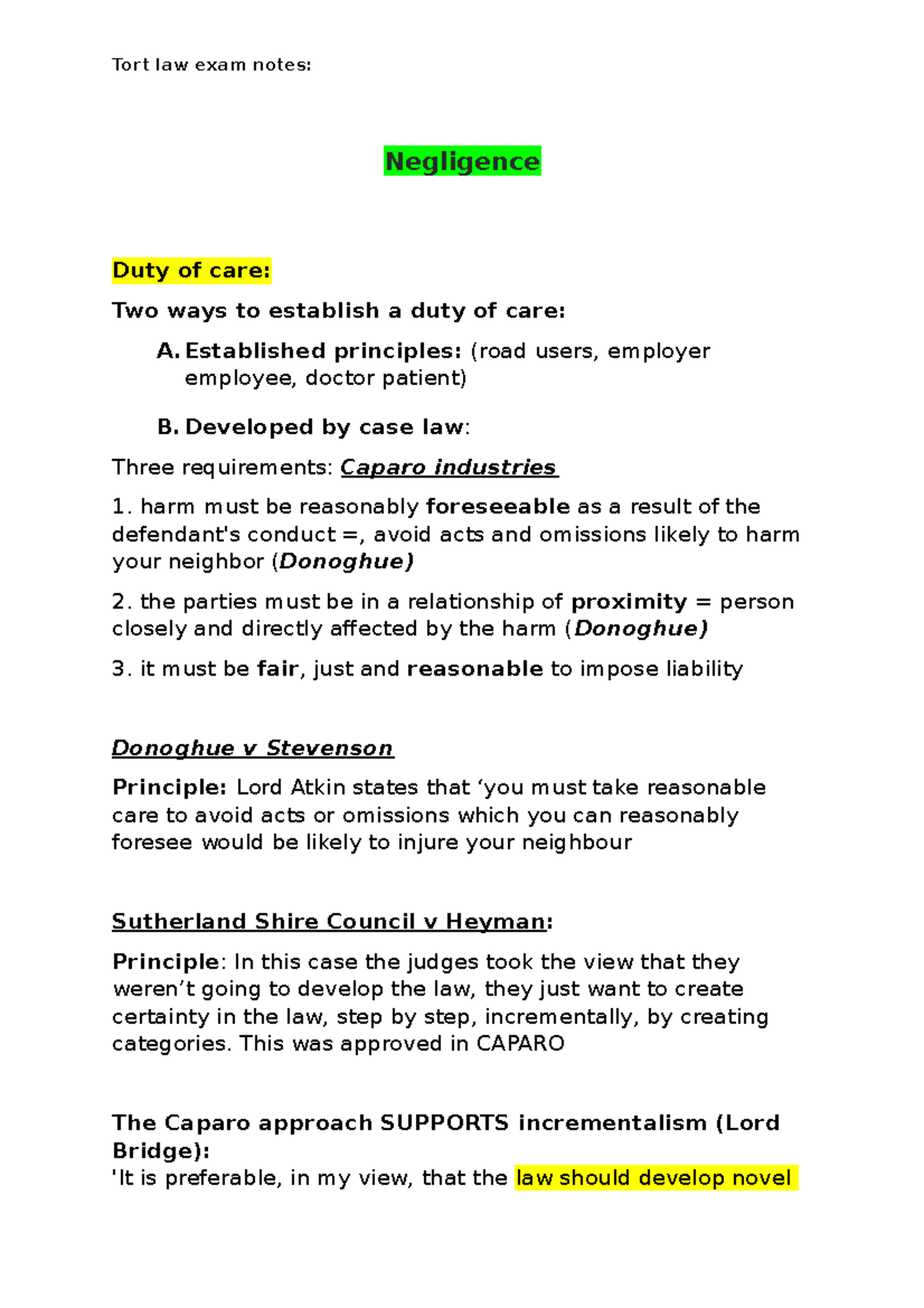 Tort exam notes - variety of chapters and subjects - Negligence Duty of ...