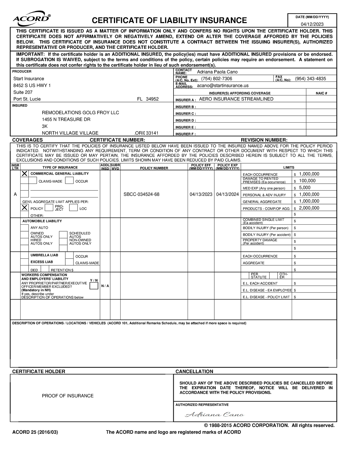 Certificate OF Liability Insurance - SHOULD ANY OF THE ABOVE DESCRIBED ...