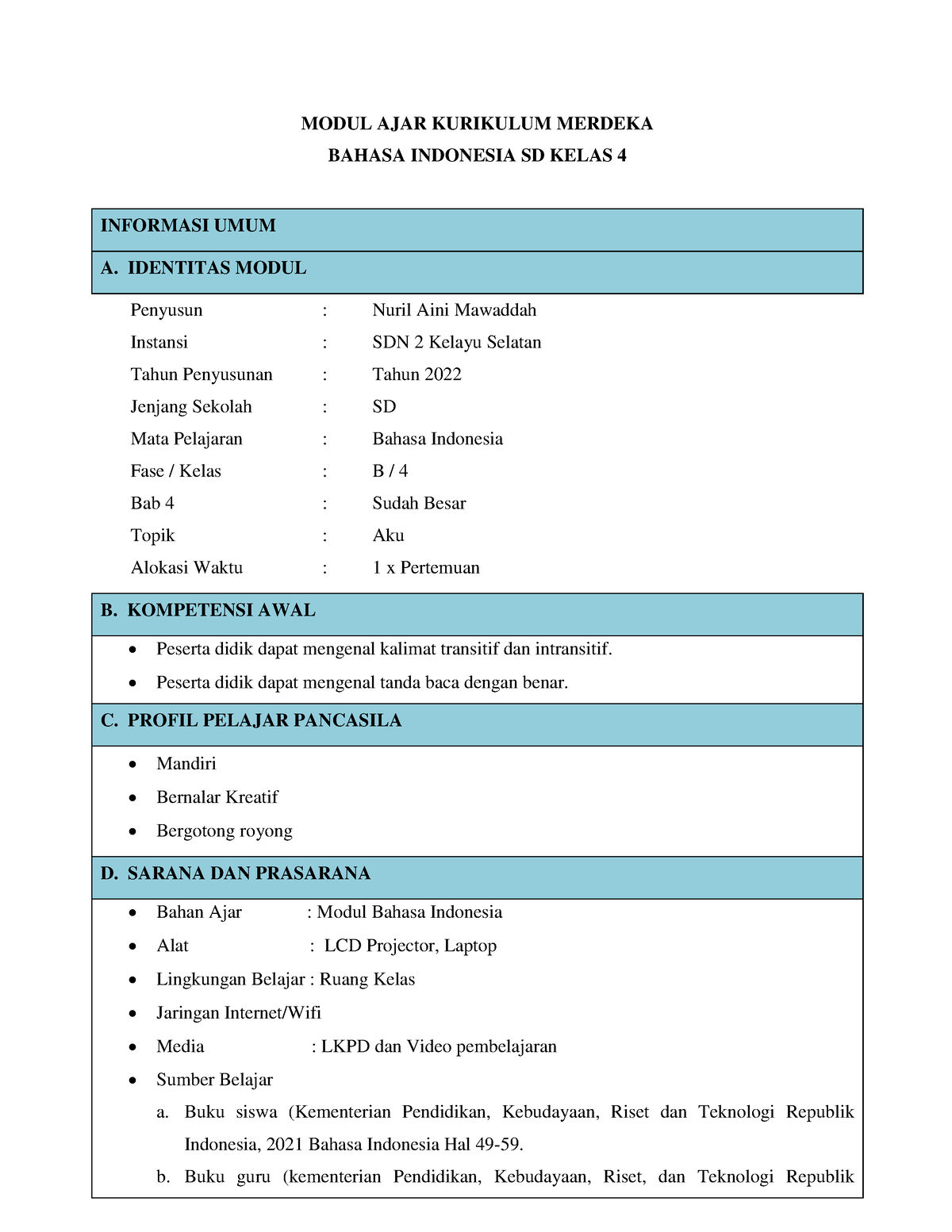 Modul Ajar Bahasa Indonesia Kelas 4 - MODUL AJAR KURIKULUM MERDEKA ...