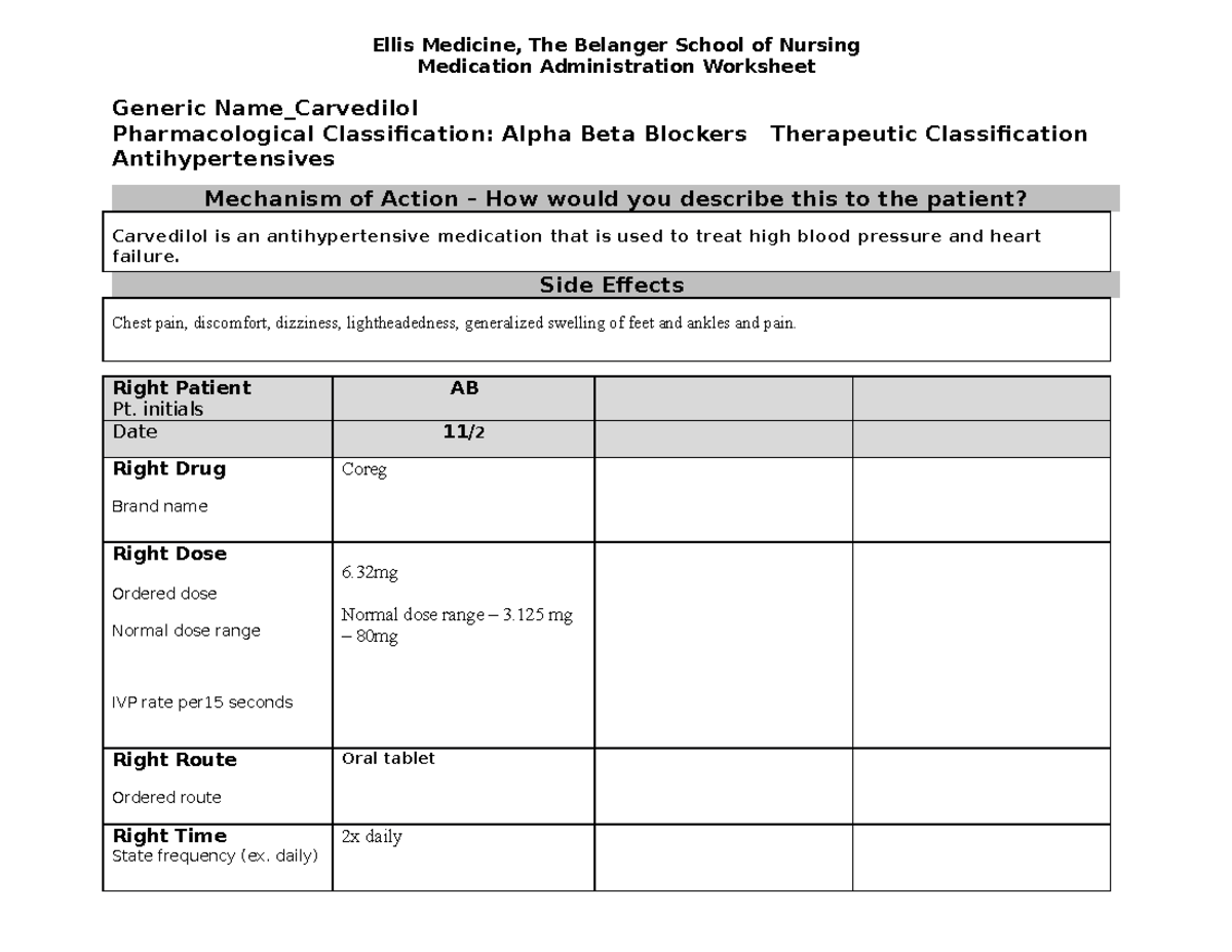 Carvedilol Med Sheet Ellis Medicine, The Belanger School of Nursing