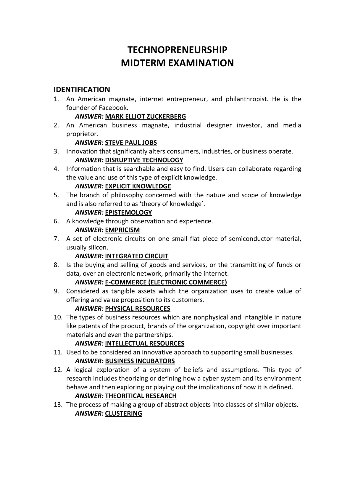 Midterm Examination - Technopreneurship - TECHNOPRENEURSHIP MIDTERM ...