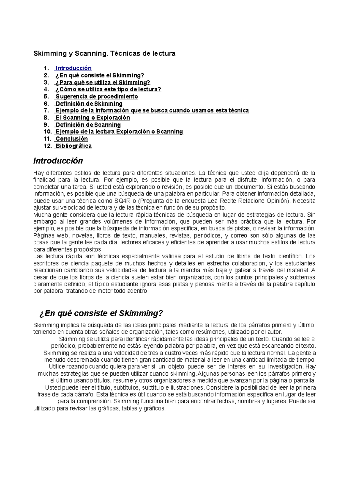 Skimming y Scanning. Técnicas de lectura Actividad Skimming y