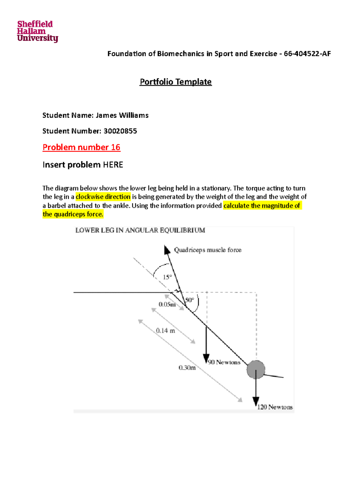 Biomechanics Portfolio Problem 16 - Portfolio Template Student Name ...