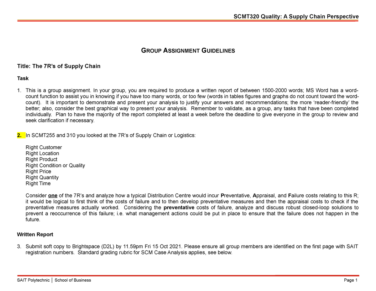 20210830 SCMT320 7R's Assignment 1 and Rubric - SCMT320 Quality: A ...