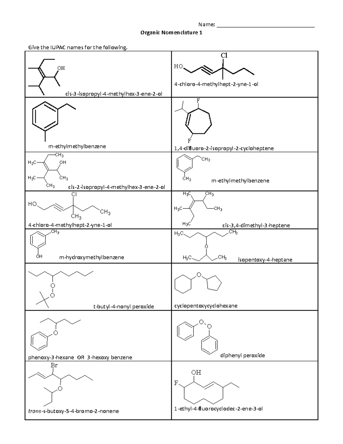 Organic nomenclature - Name: ________________________________ Organic ...