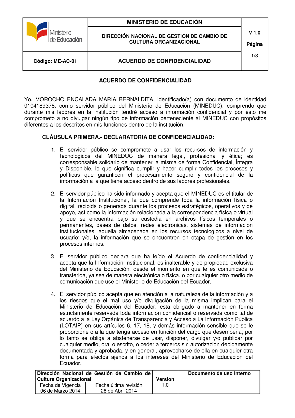 acuerdo de confidencialidad ministerio de educaciÓn v 1 página 1