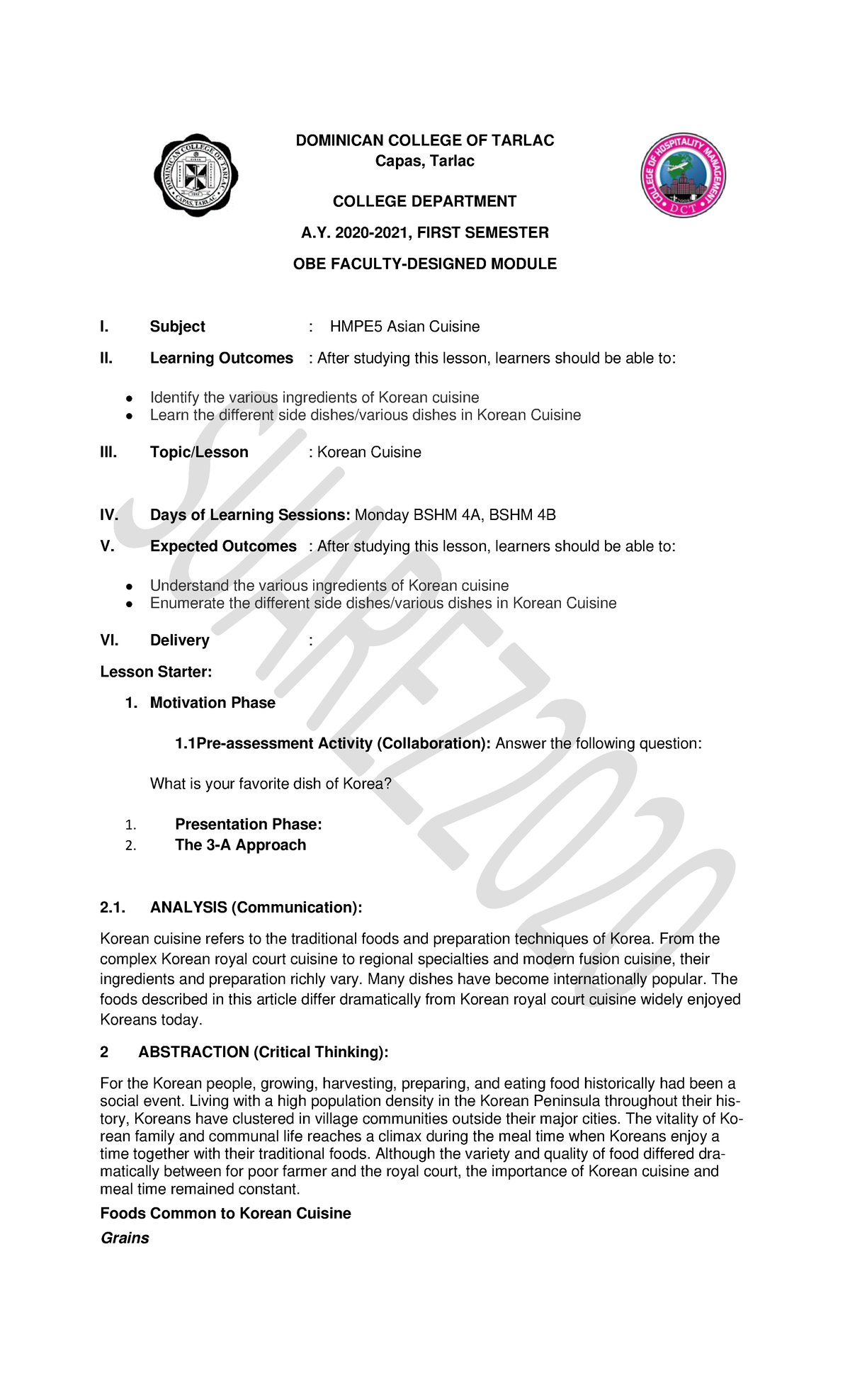 HMPE5+Lesson+4+Korean+Cuisine - DOMINICAN COLLEGE OF TARLAC Capas ...