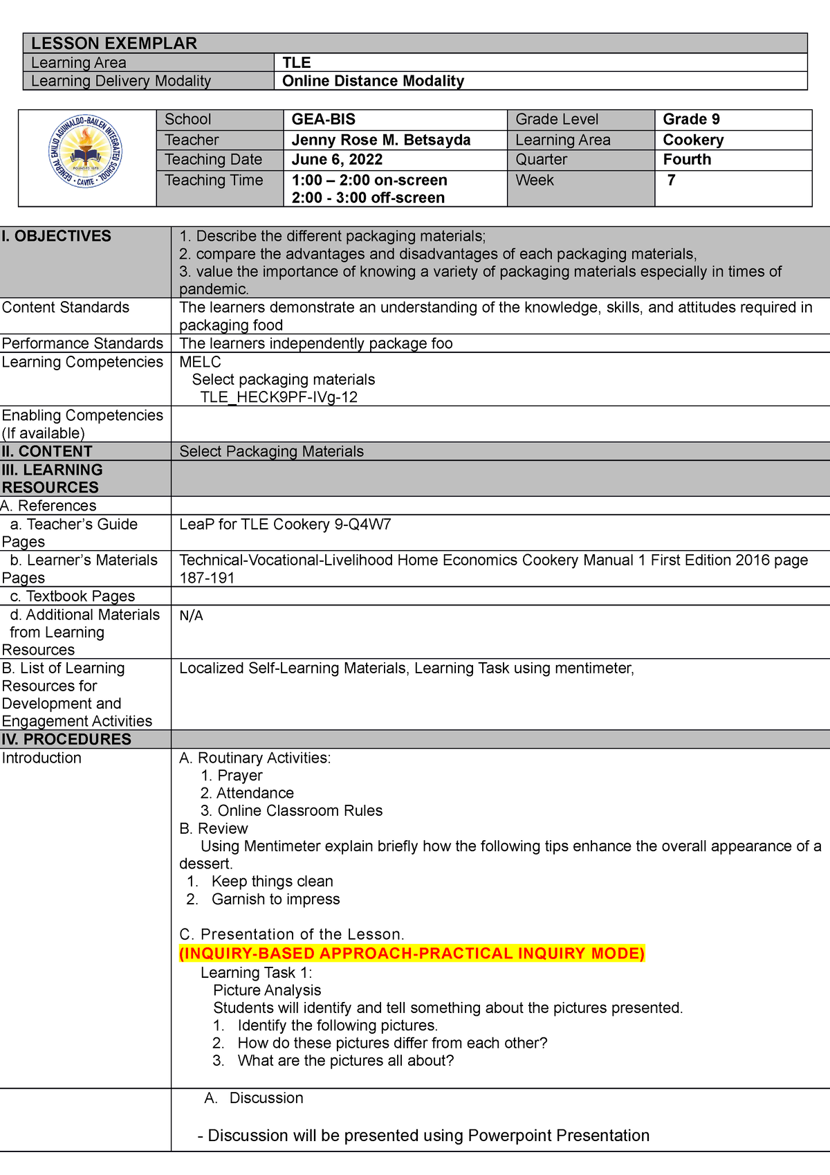 LE Cookery 9 Q4W7 - Lesson Plan - LESSON EXEMPLAR Learning Area TLE ...