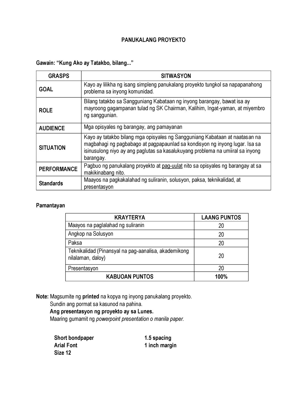 Panukalang Proyekto - Guidelines And Rubrics - PANUKALANG PROYEKTO ...