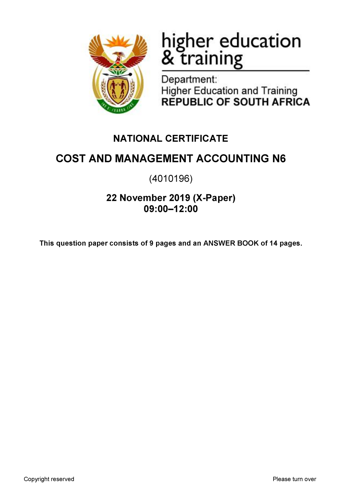 N6 Cost And Management Accounting November 2019 NATIONAL CERTIFICATE 