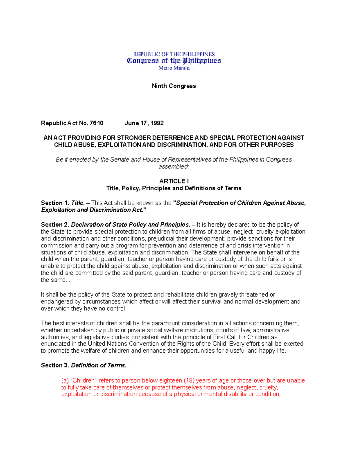 RA 7610 - CRIM BOARD REVIEW - Ninth Congress Republic Act No. 7610 June ...